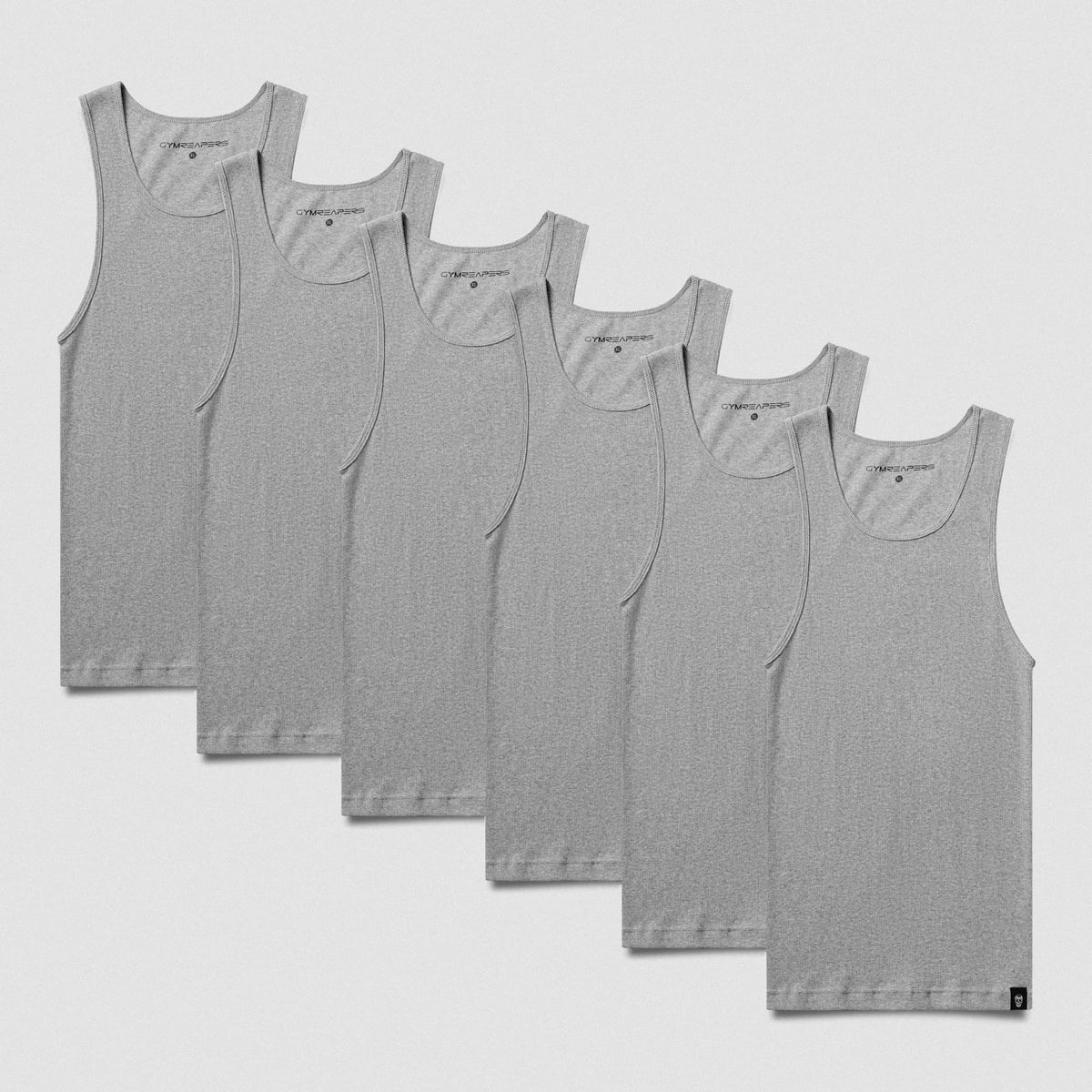 six heather gray sleeveless tank tops arranged in a layered fan layout on a light gray background.