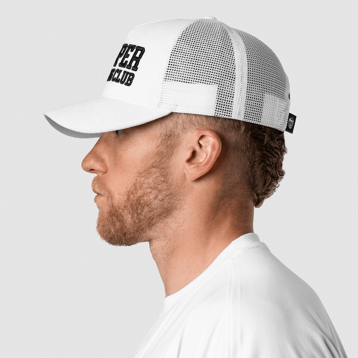 5-Panel Corduroy Reaper Training Club Hat in White/Black – On Model, Side View 2