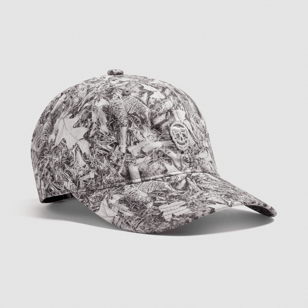 Washed 6-Panel Dad Hat in Camo – 3/4 Angle, Ghost Shot