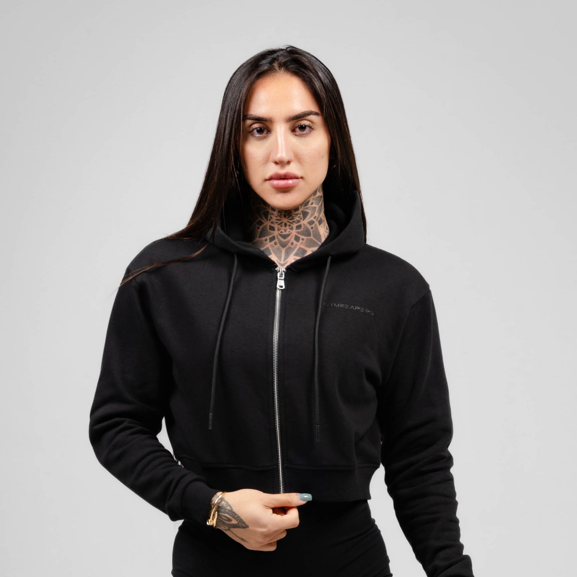 Cropped Hoodie mit ReiBverschluss Schwarz Schwarz