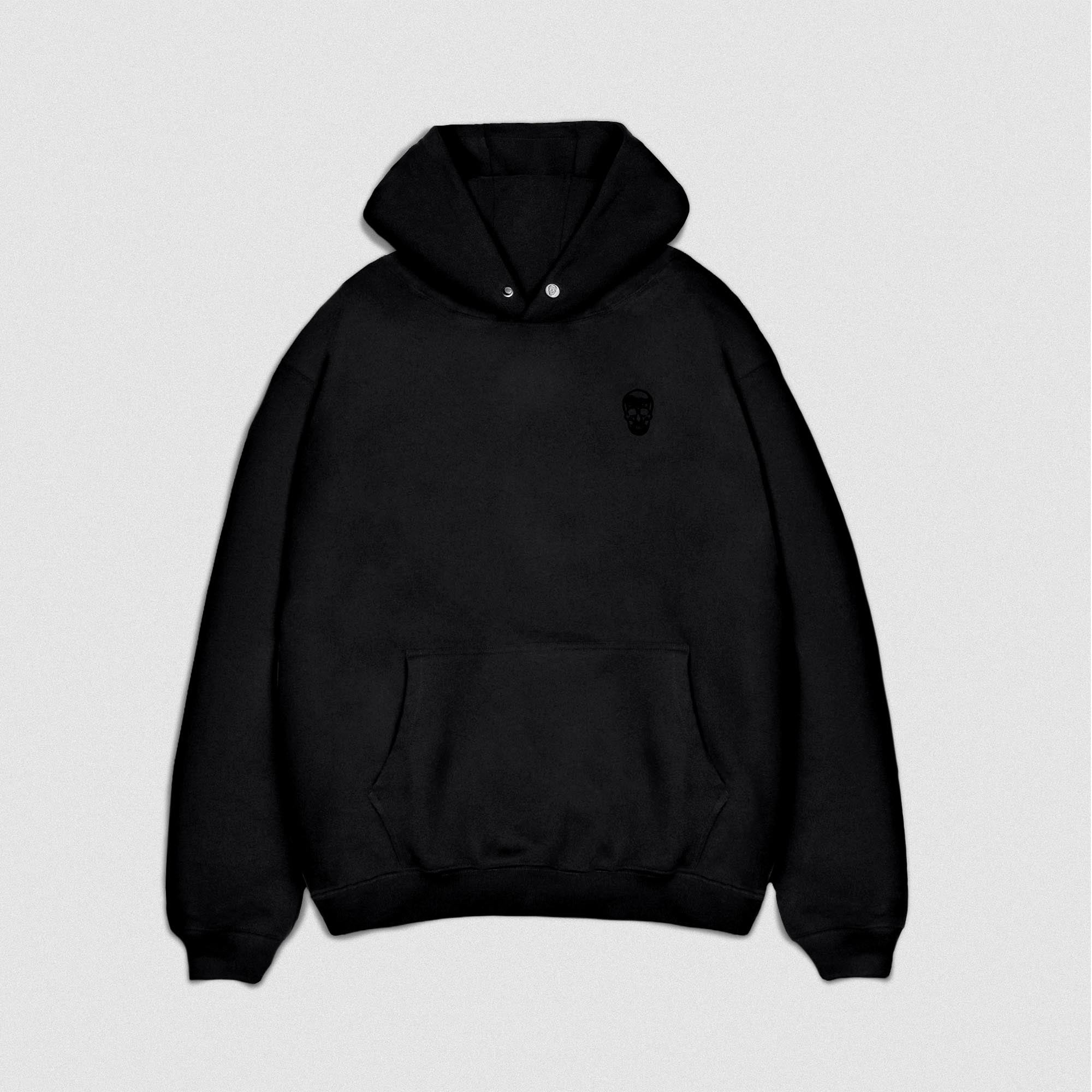 Black/Black Heavyweight Hoodie lay flat front view