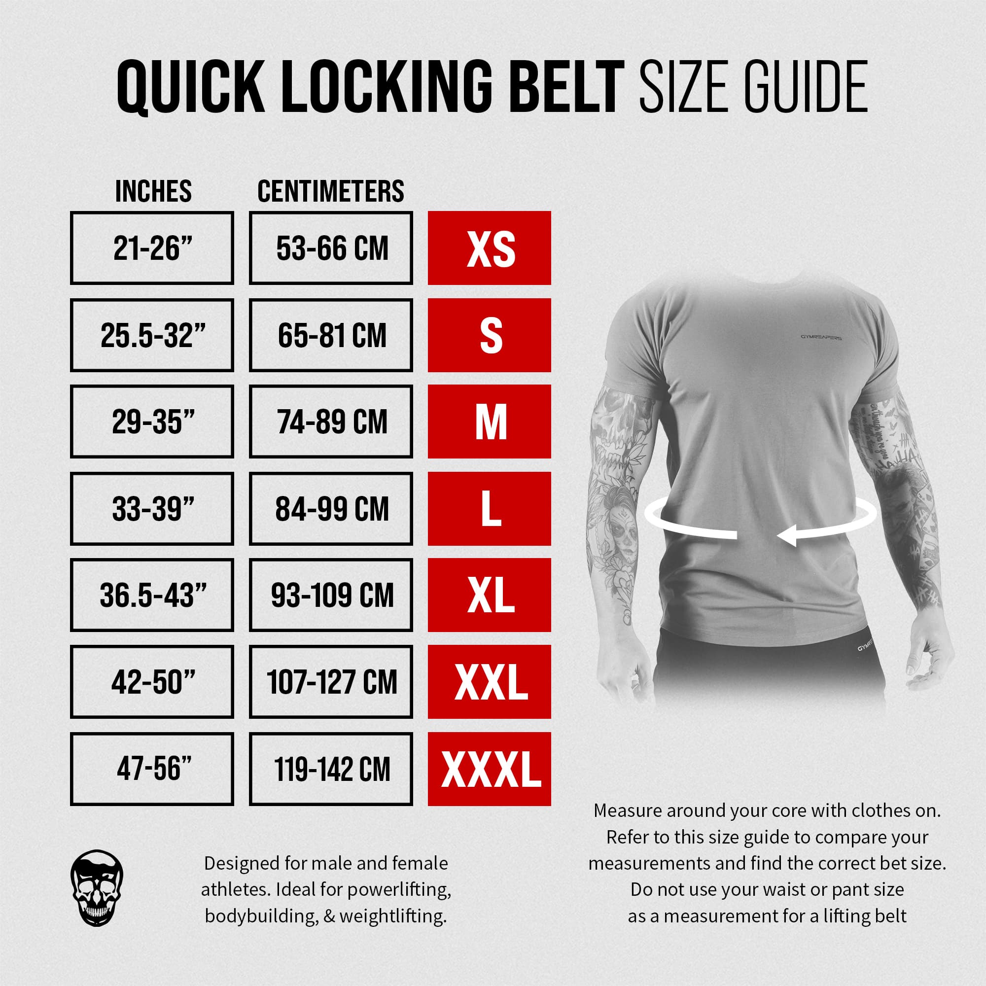 size chart quick locking belt gray texture