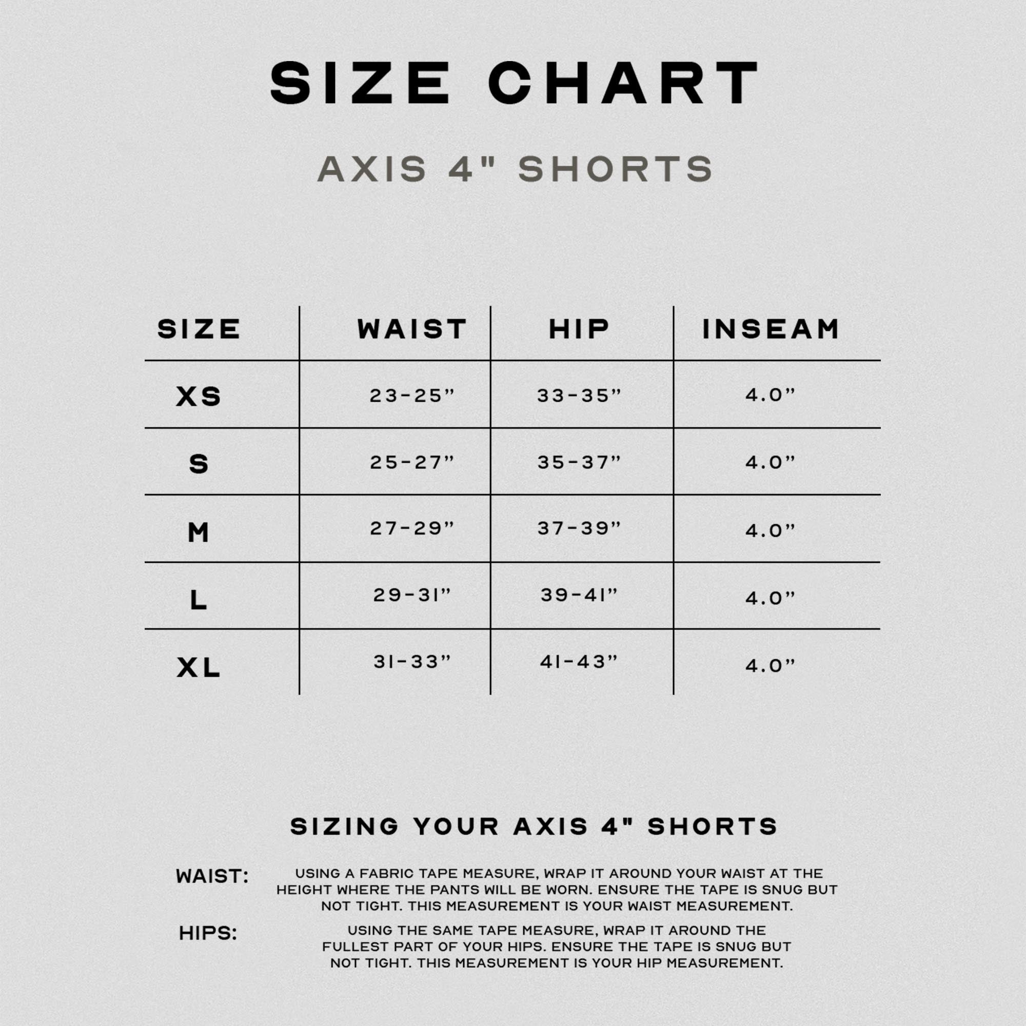 axis 4" shorts size chart