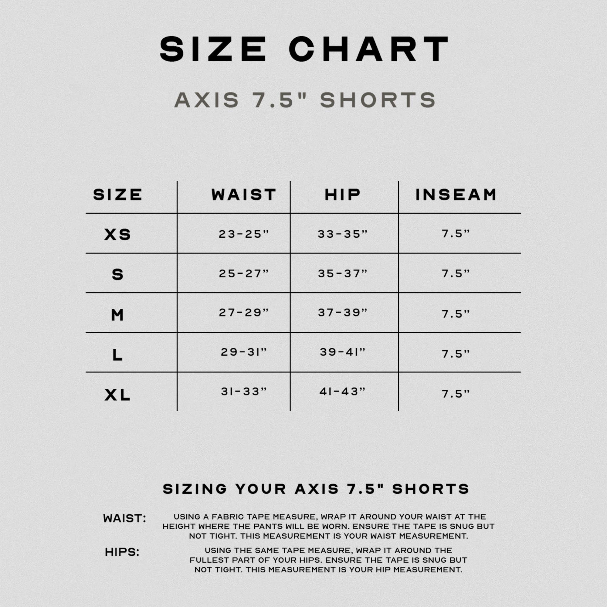 axis 7.5" shorts size chart