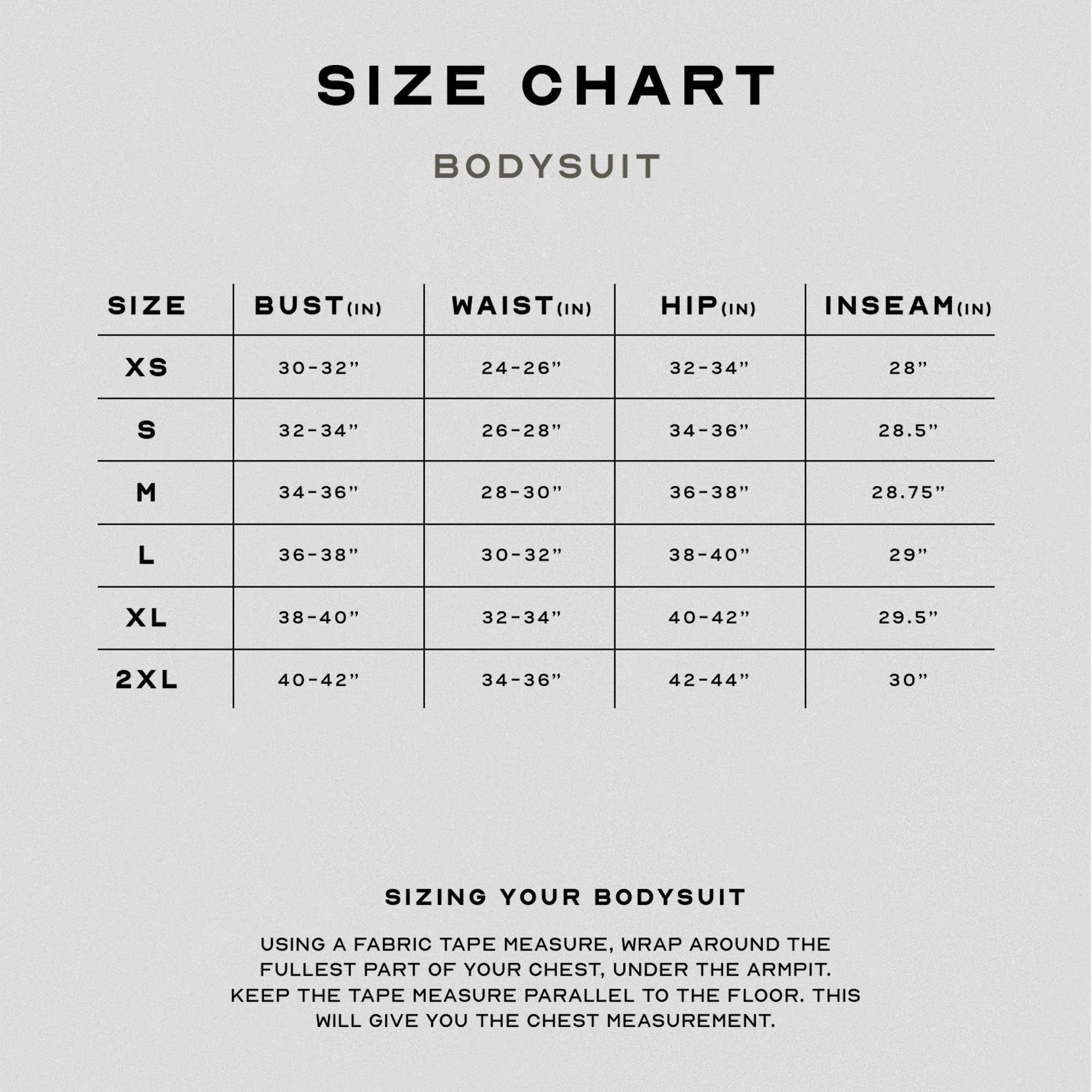 bodysuit size chart