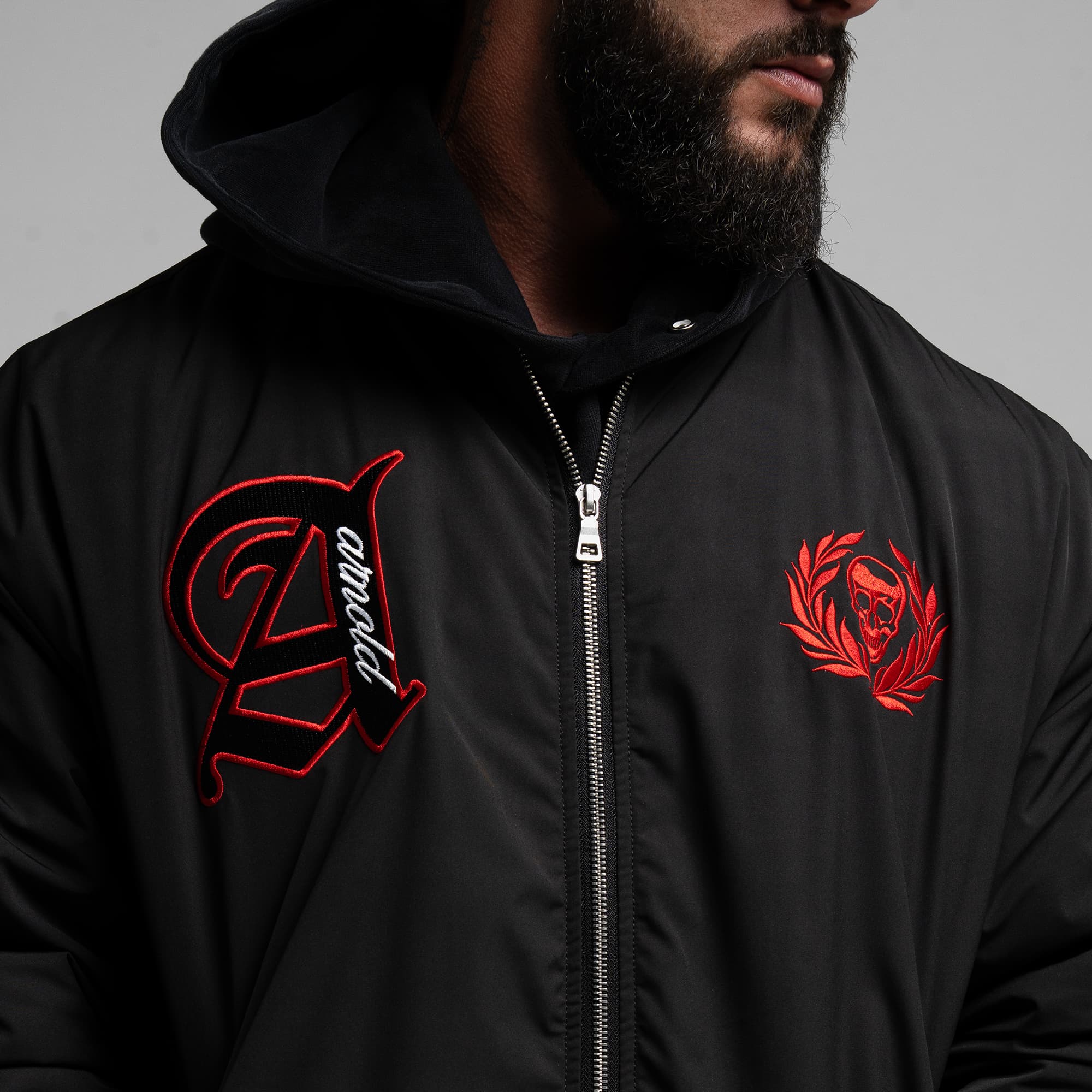 Athlete wearing the Ohio Bomber Jacket close up shot of front graphics