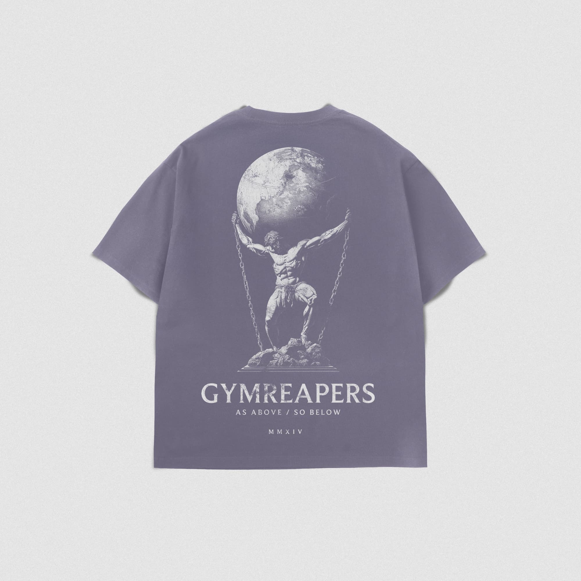 Back view of the As Above So Below Graphic Tee in amethyst smoke, featuring bold oversized artwork of Atlas holding the earth.
