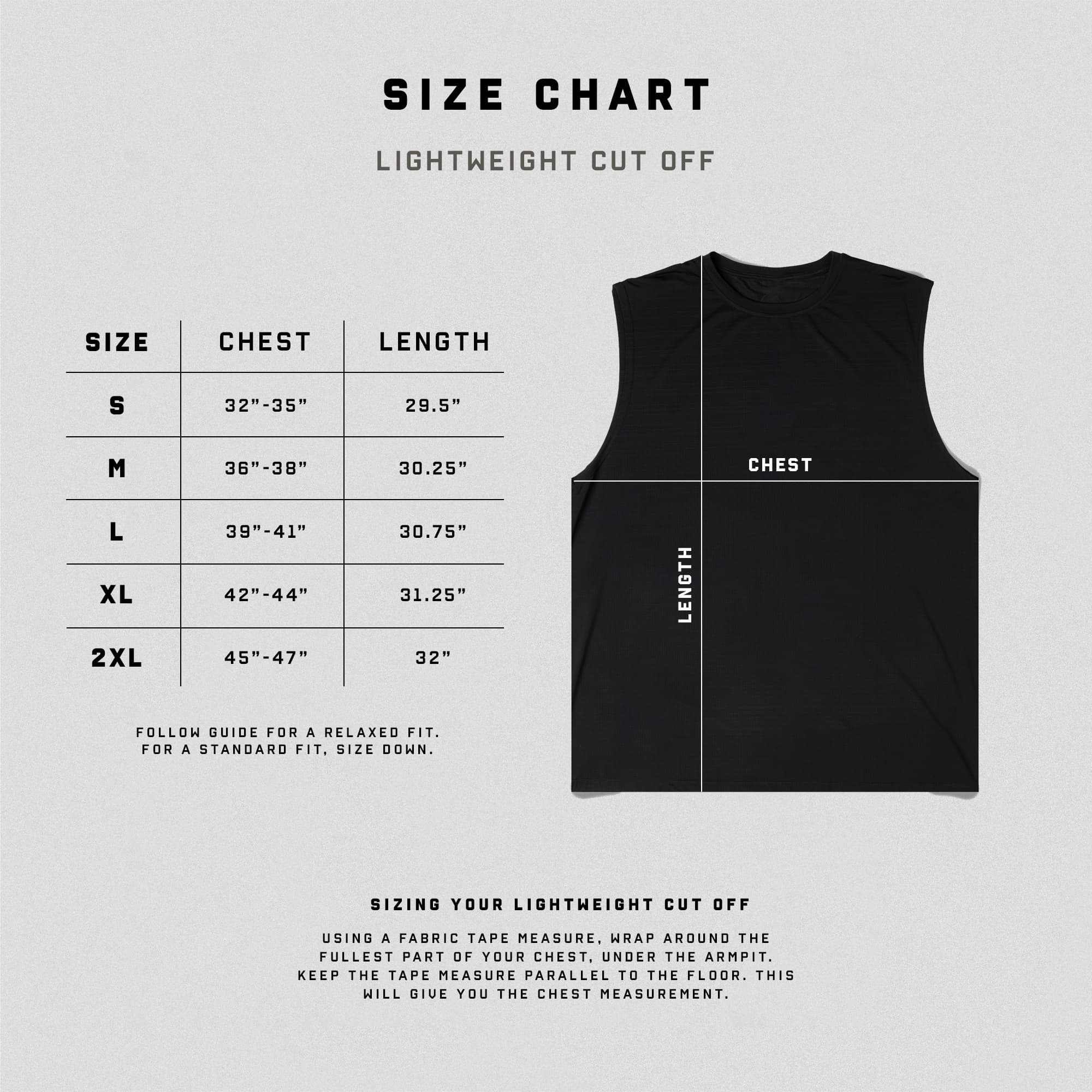 Lightweight cut off size chart.
