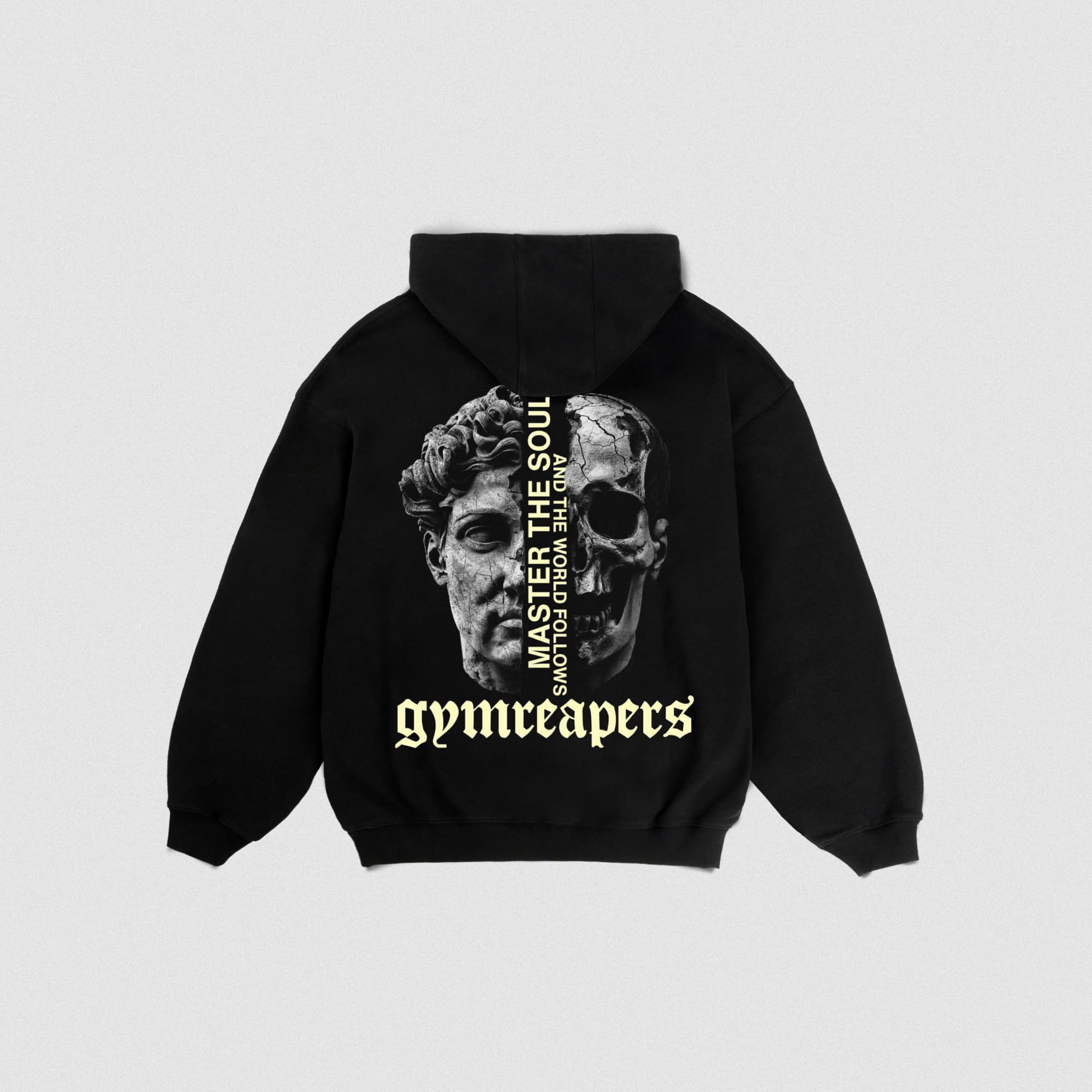 Back of Gymreapers Master the Soul Hoodie with statue and skull graphic, vertical text, and Gymreapers logo.
