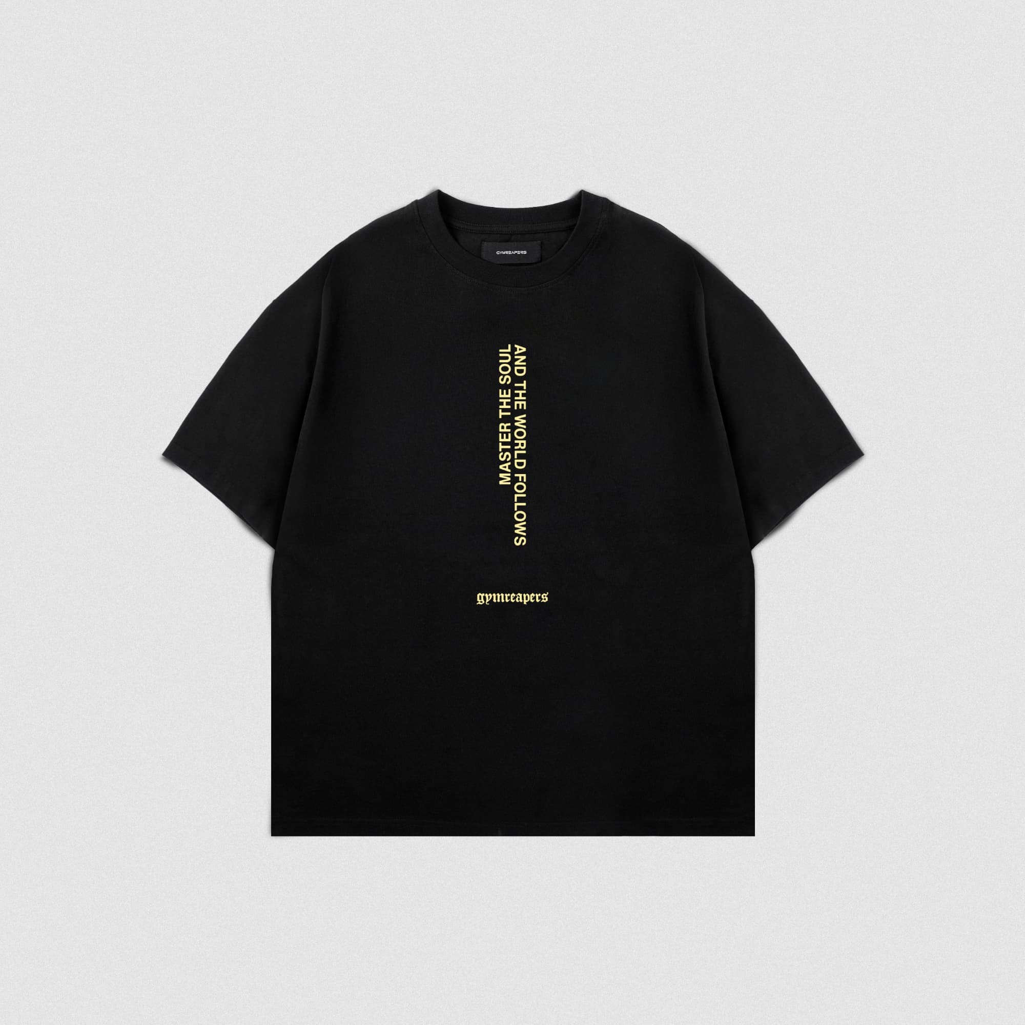 Front view of the Gymreapers Master The Soul Graphic Tee featuring a vertical front graphic and gold Gymreapers logo