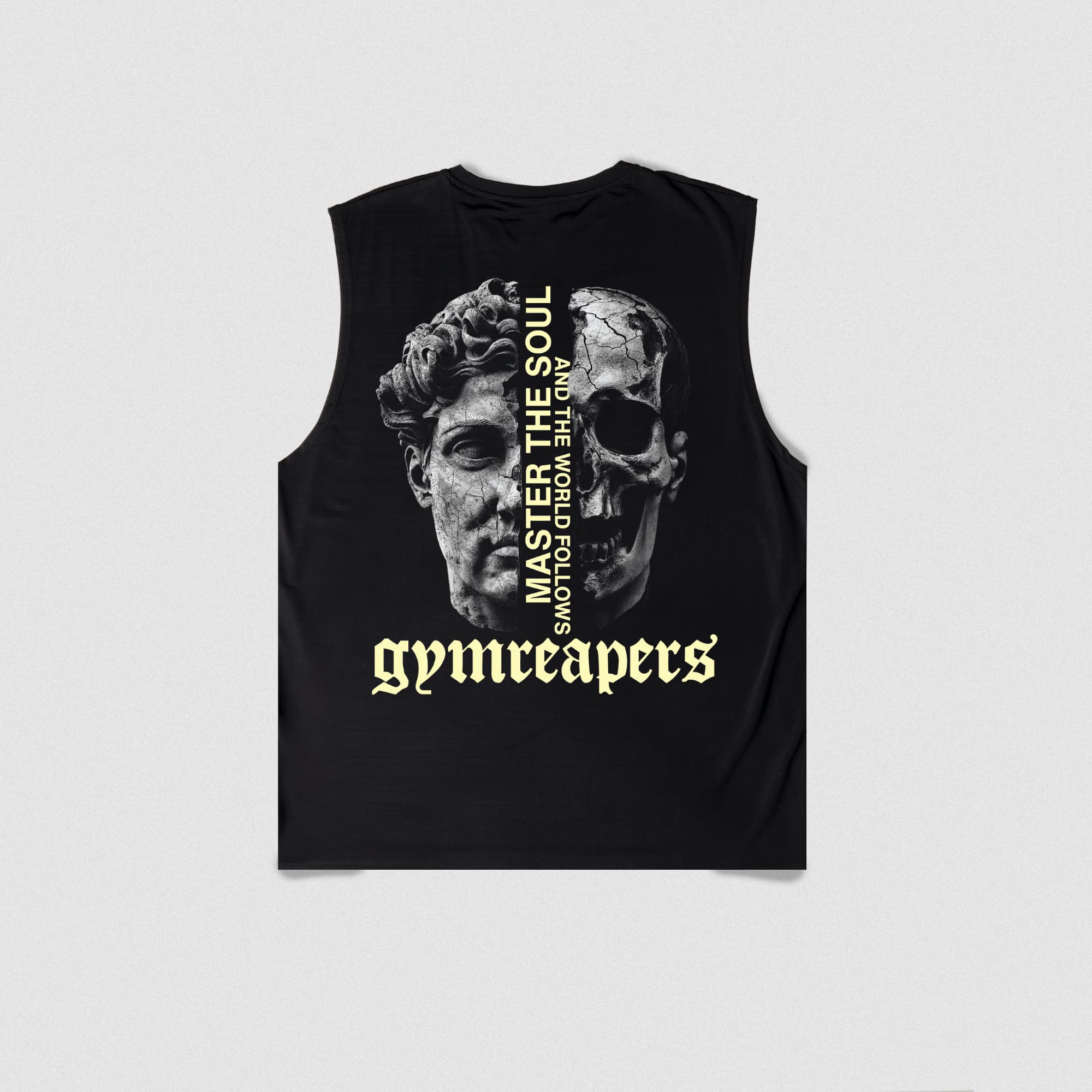 Master The Soul Tank Top back shot on studio gray background.