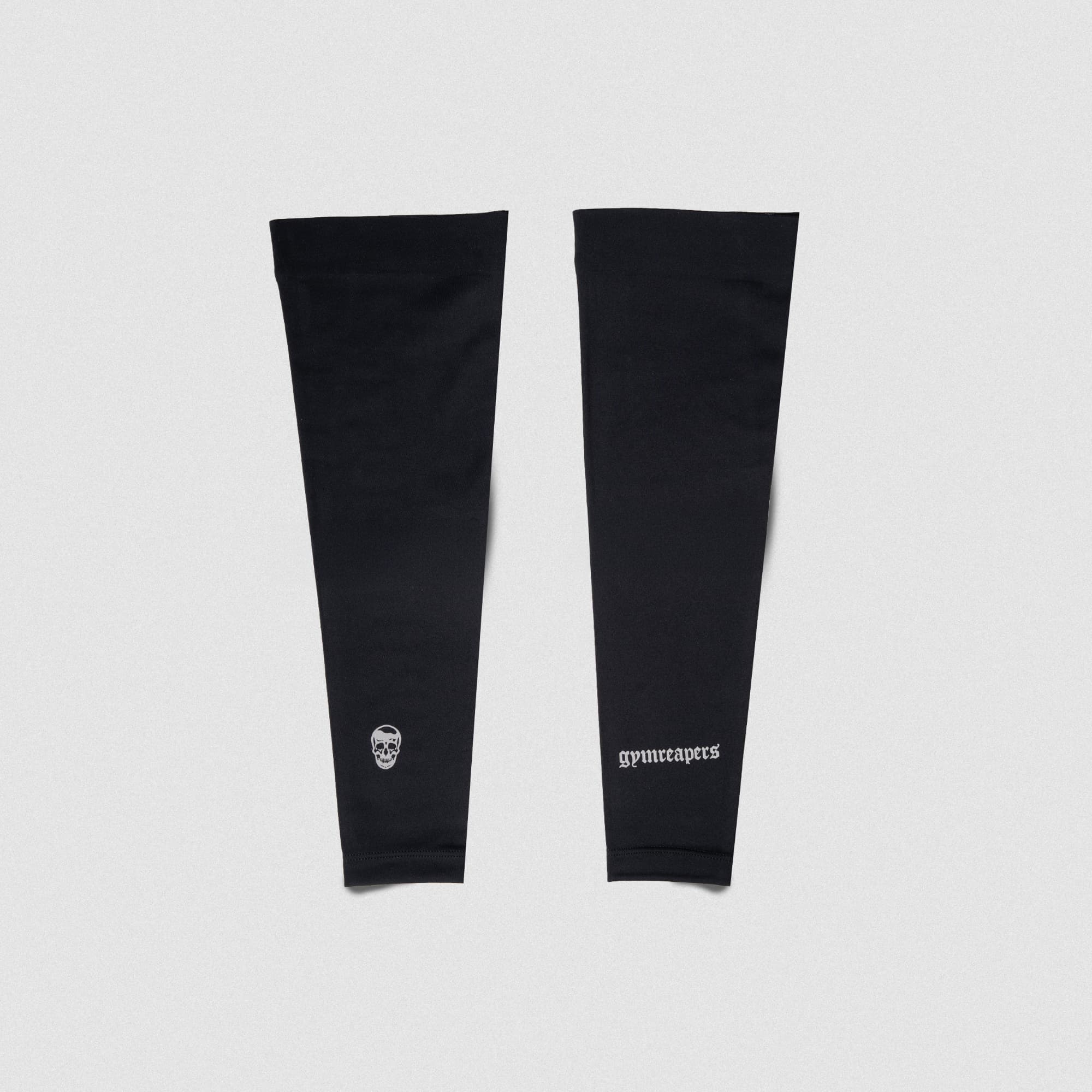 Back view of Gymreapers Master the Soul Arm Warmers showcasing subtle skull and script logos
