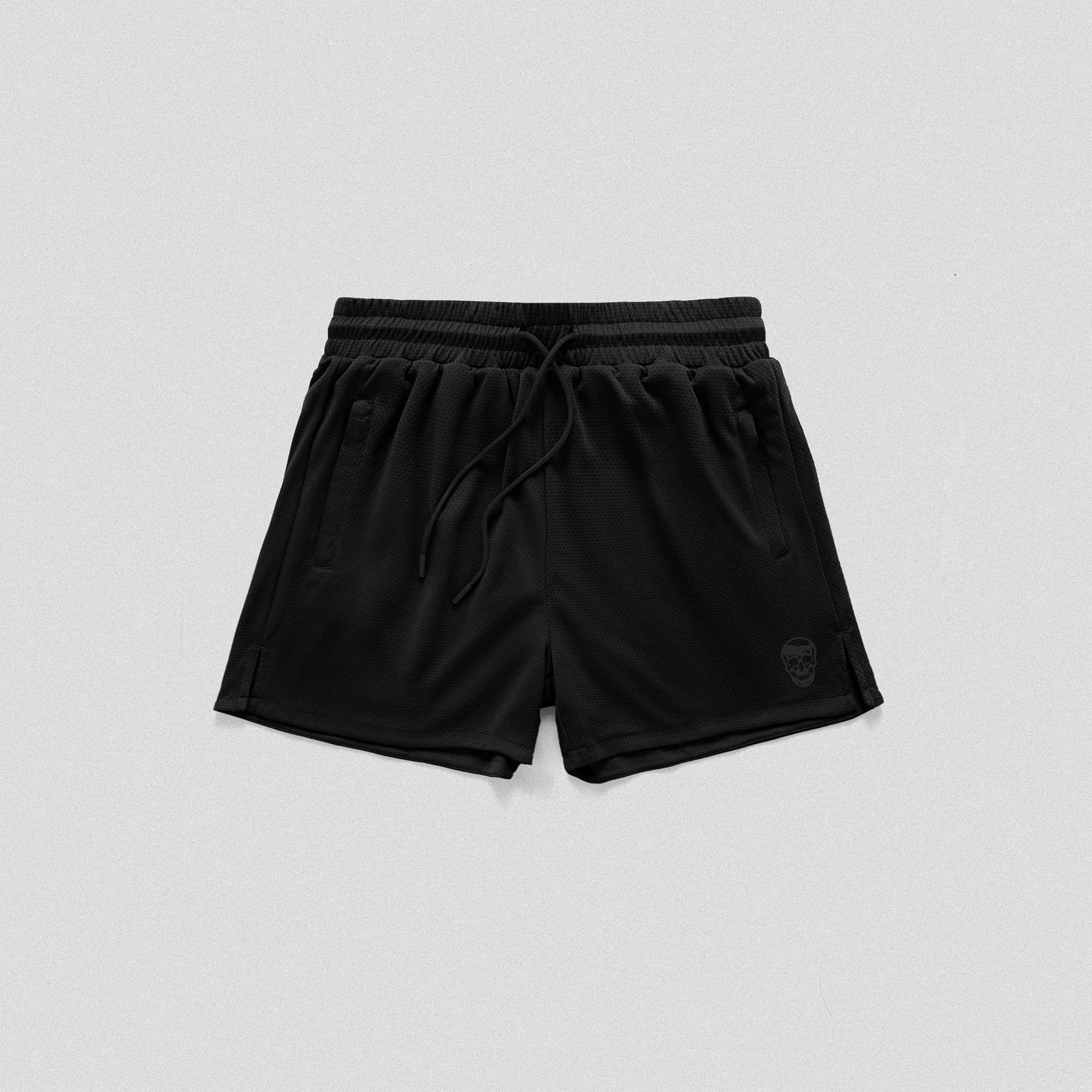 Black/Black Core Skull Mesh Training Shorts lay flat front side