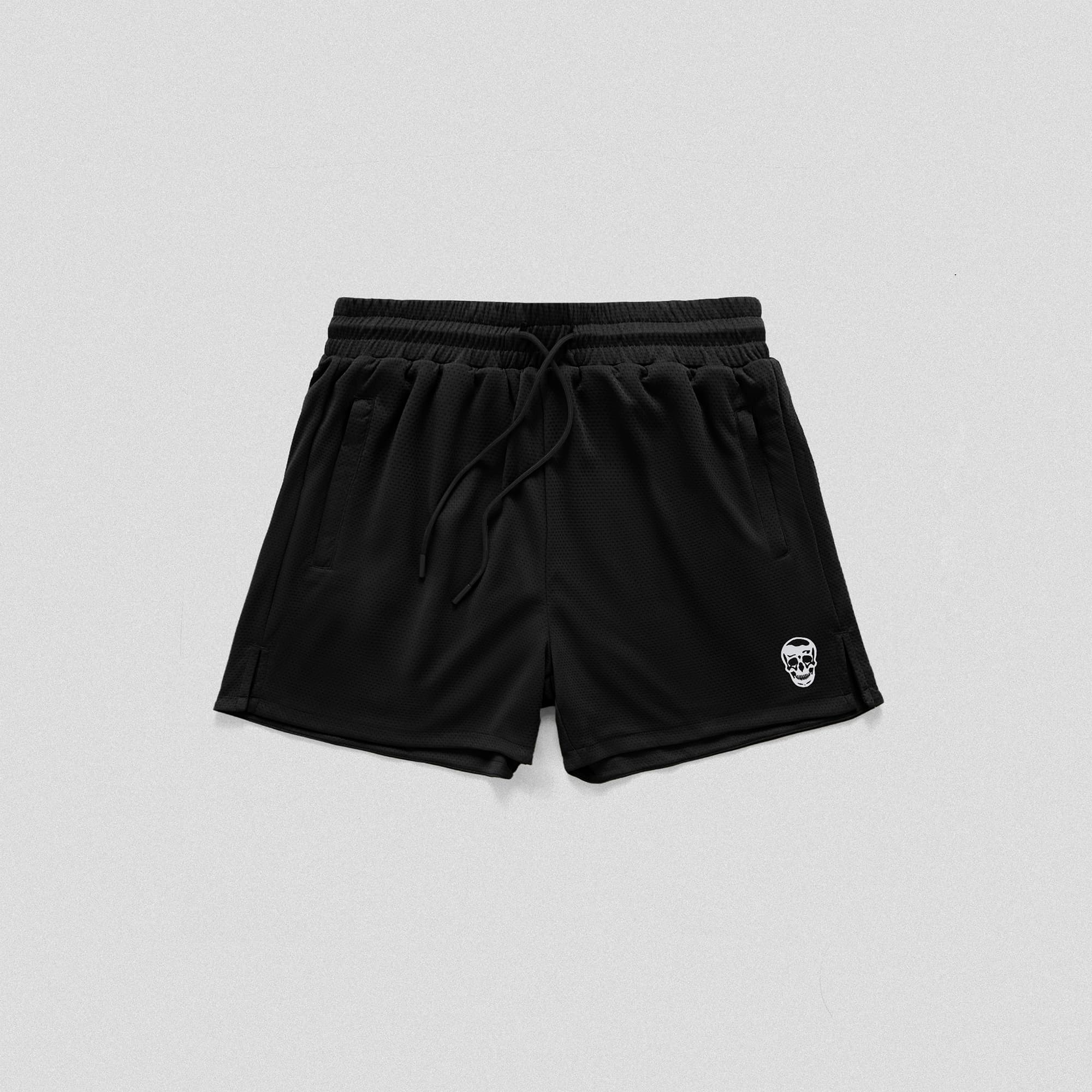 Black/White Core Skull Mesh Training Shorts lay flat front view