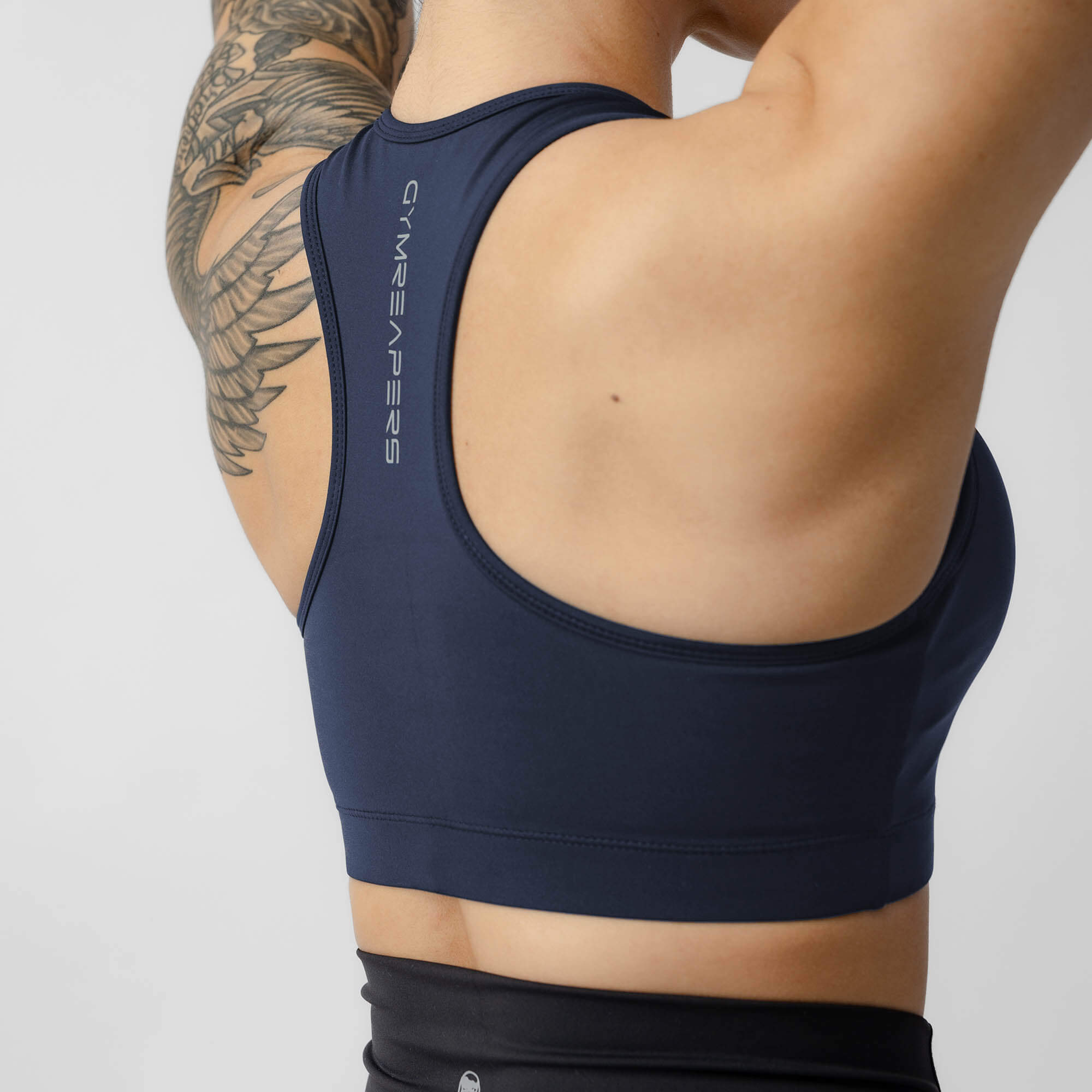 navy performance bra back close up