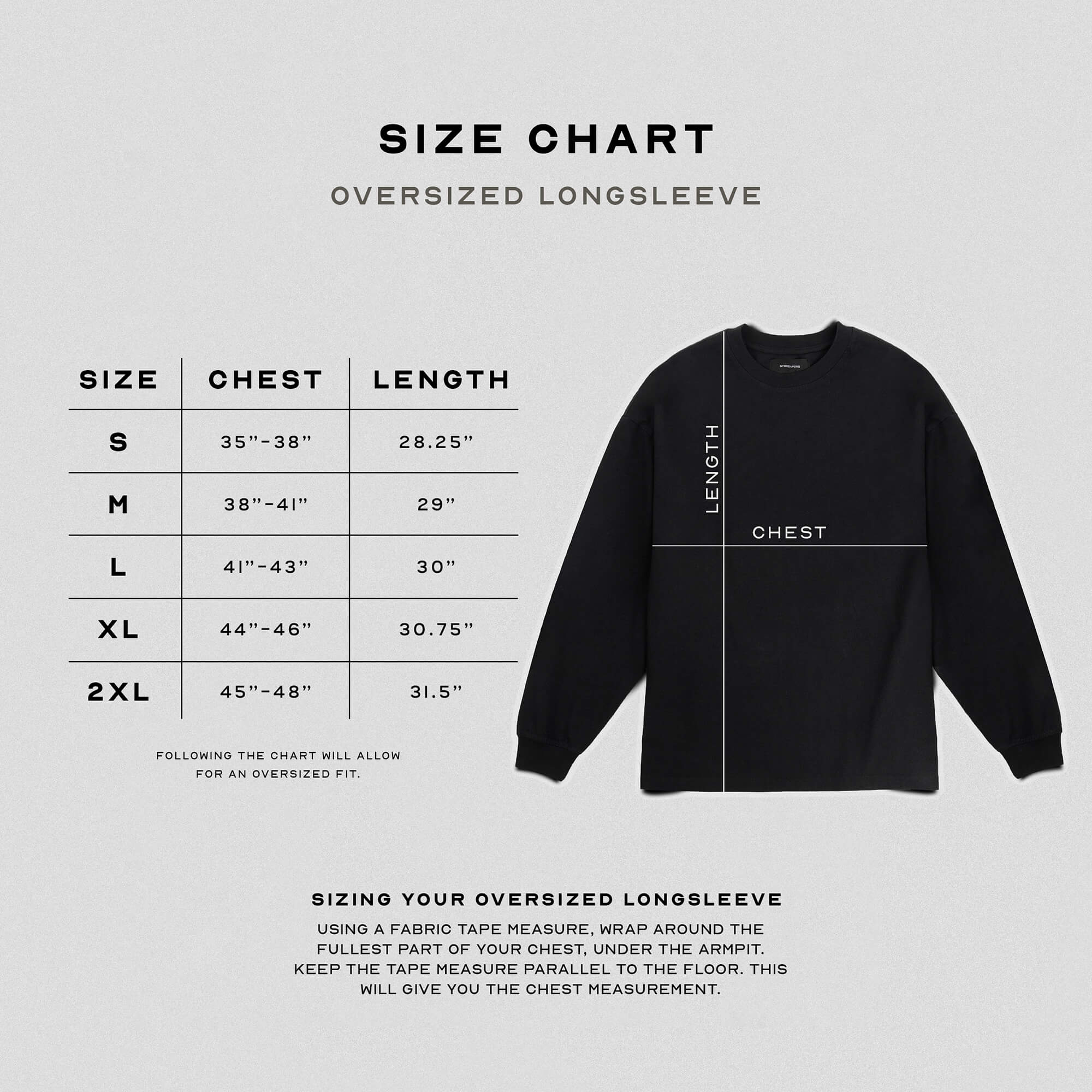oversized long sleeve size chart
