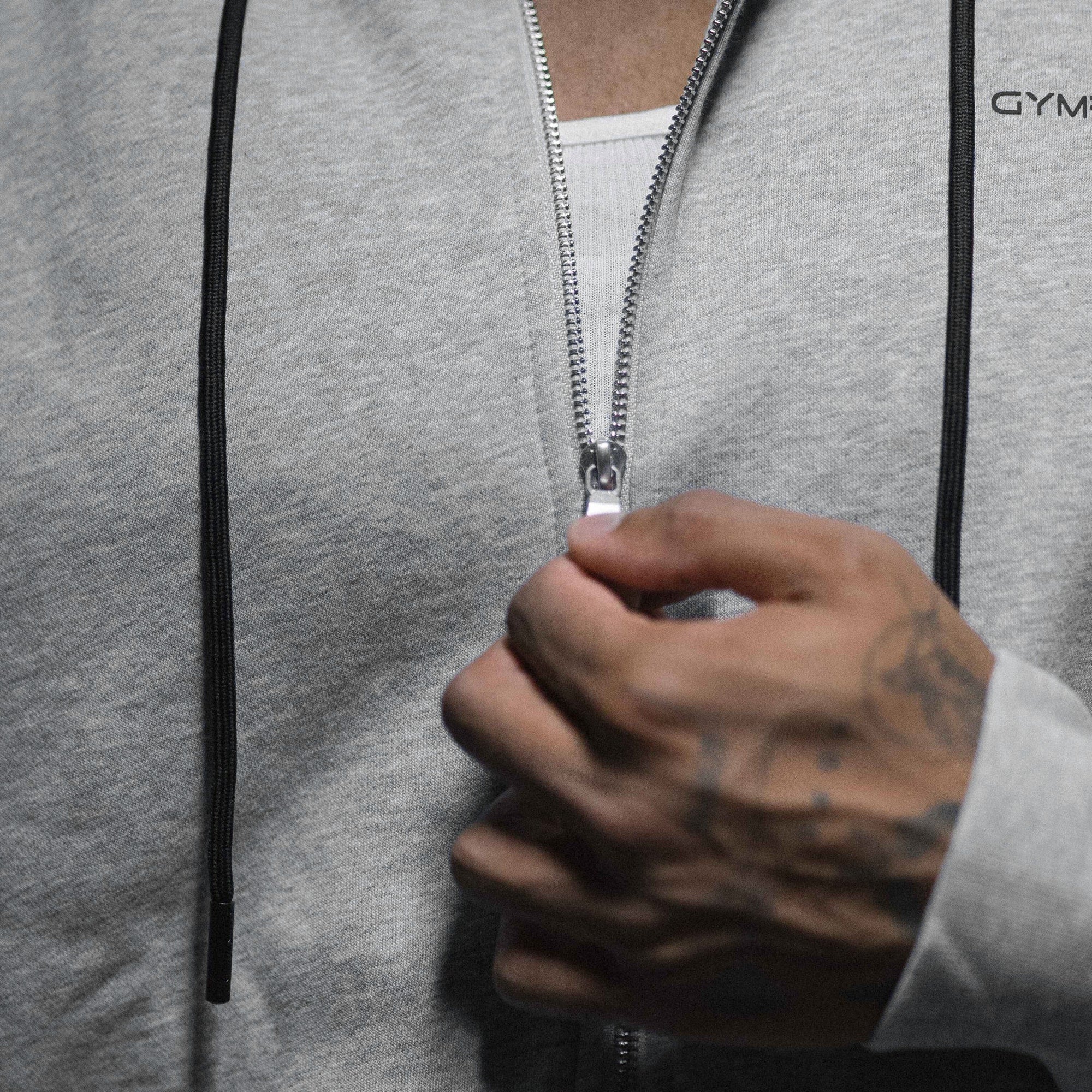 axis zip up heather gray close up of zipper.