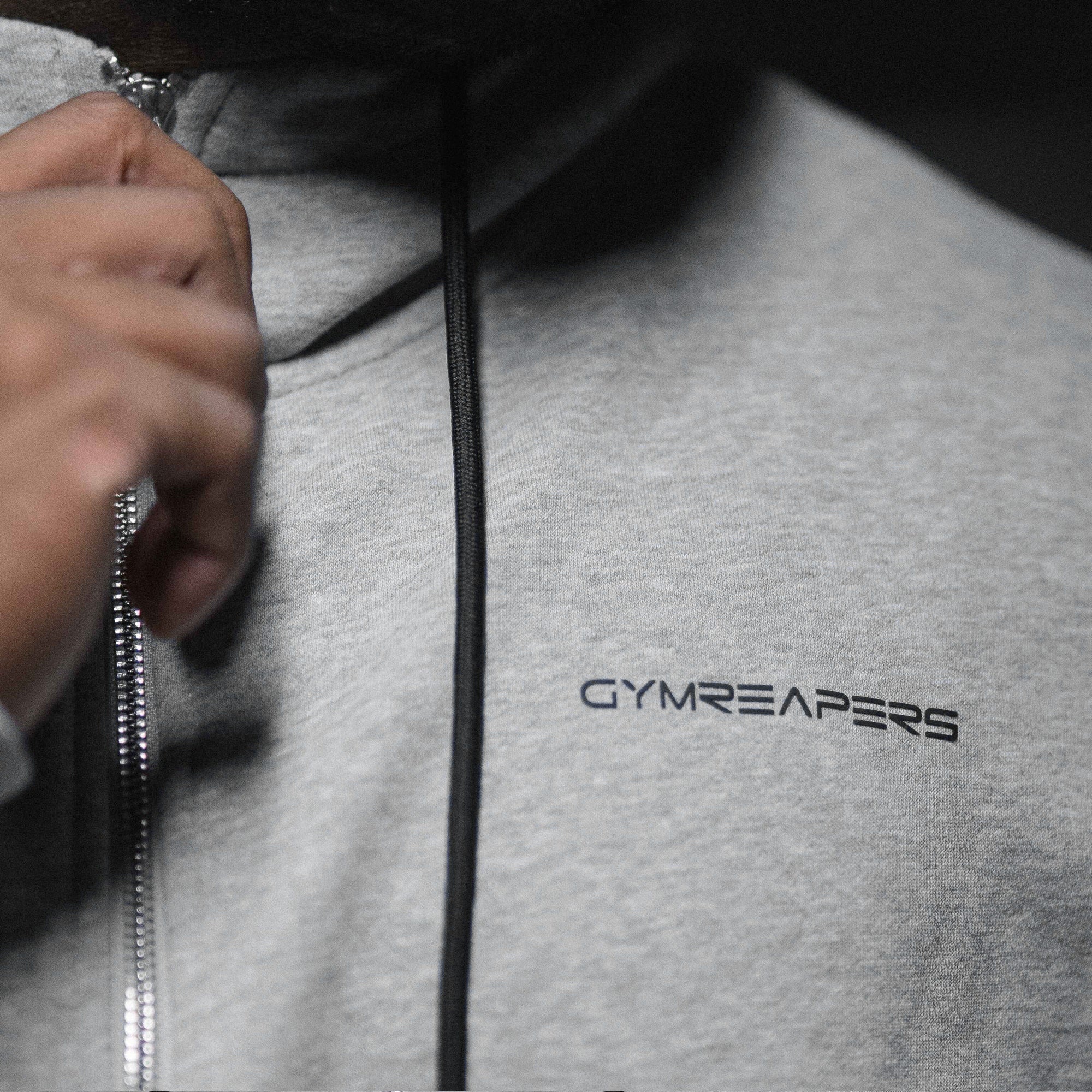 axis zip up hoodie heather gray front logo detail shot.