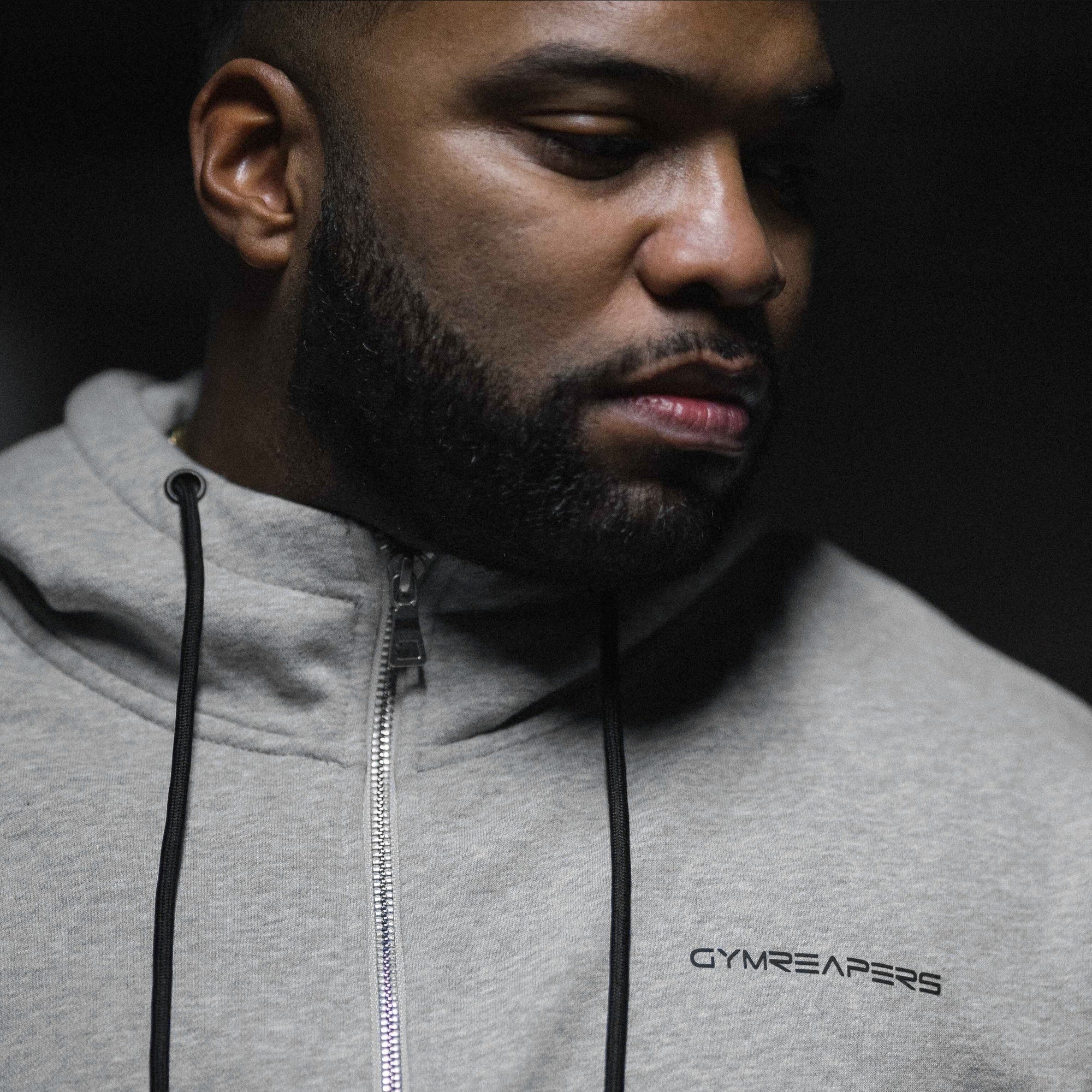 axis zip up hoodie heather gray upper half close up