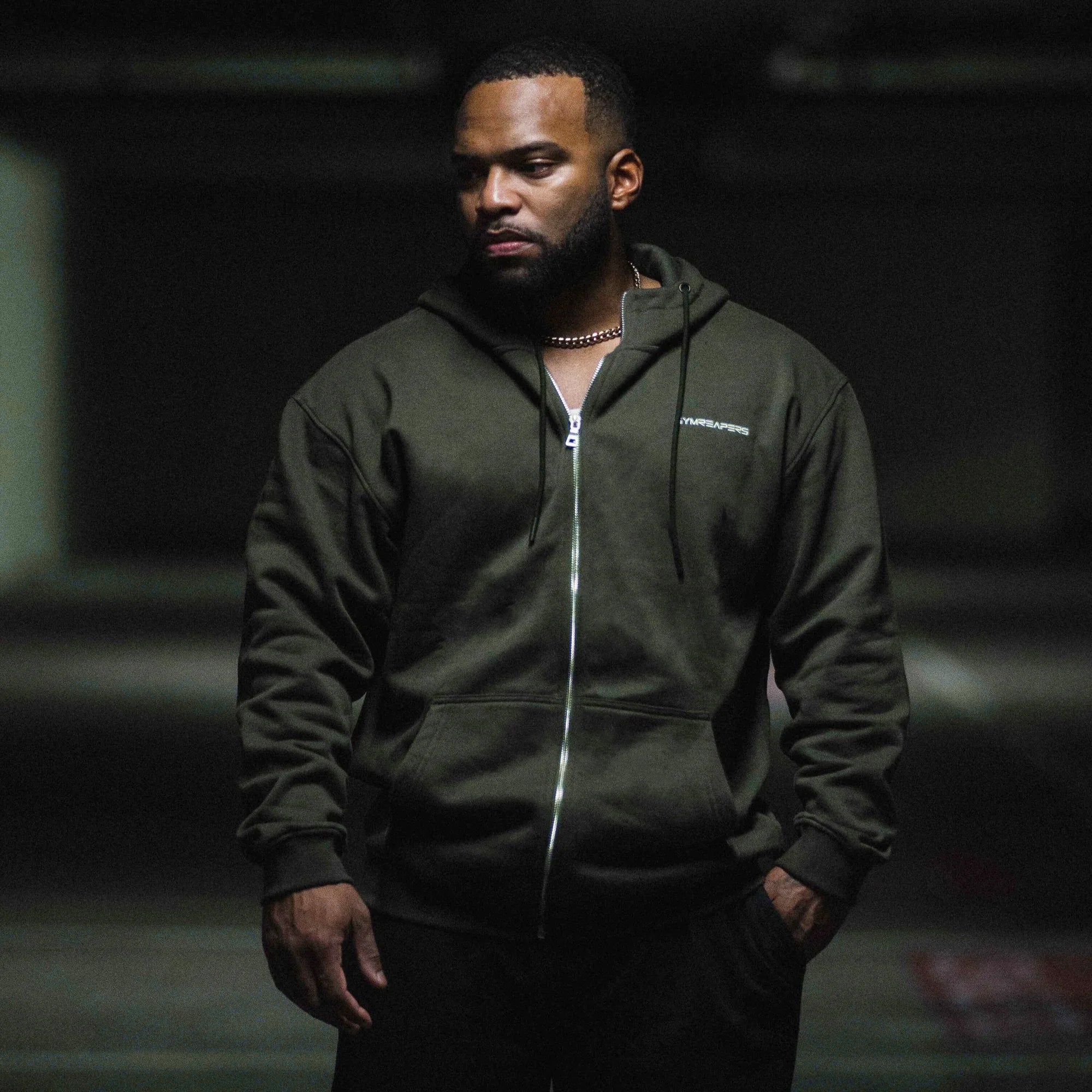 axis zip up hoodie od green full body view
