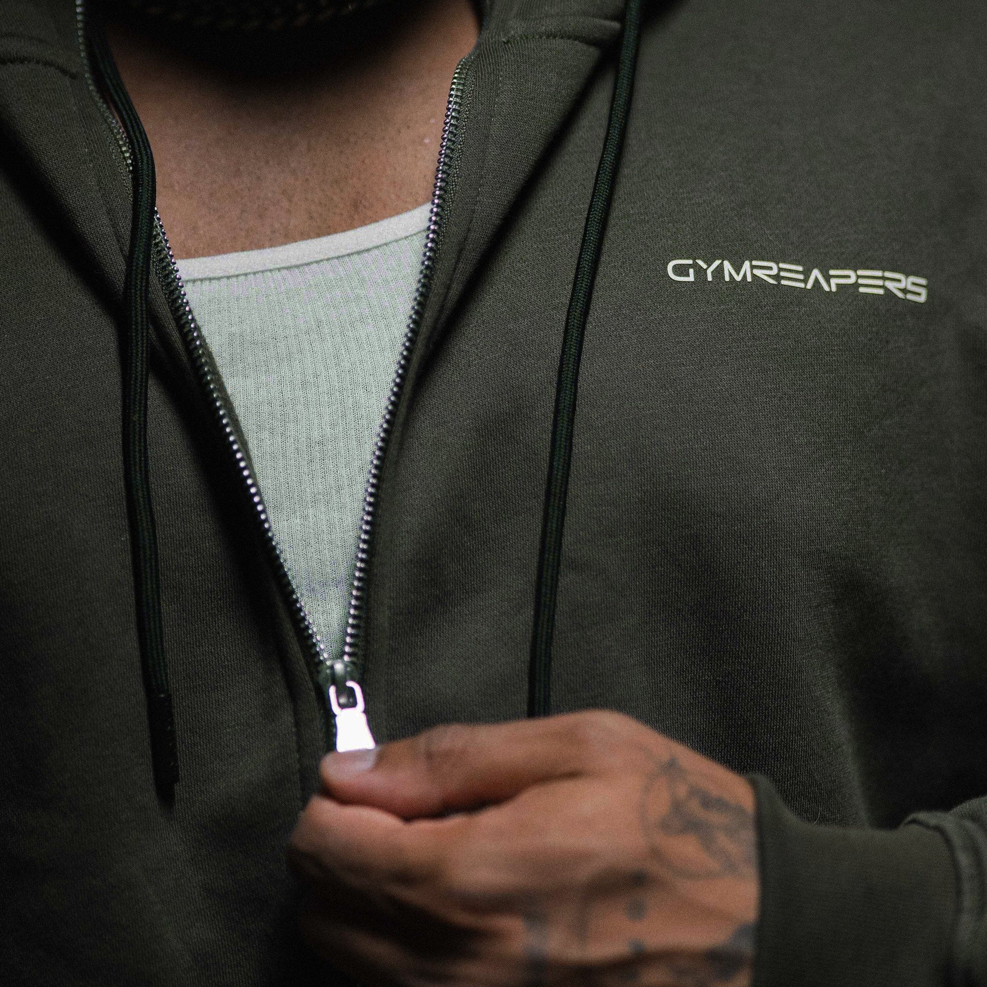 axis zip up od green front zipper close up