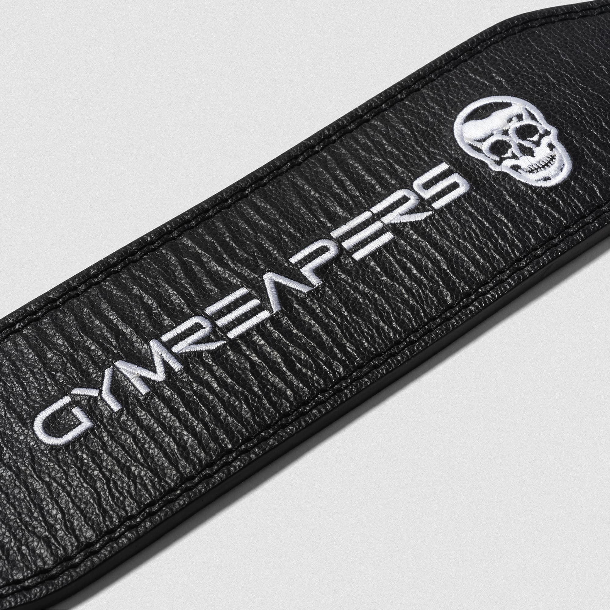 Leather Weightlifting Belt close up shot of logo