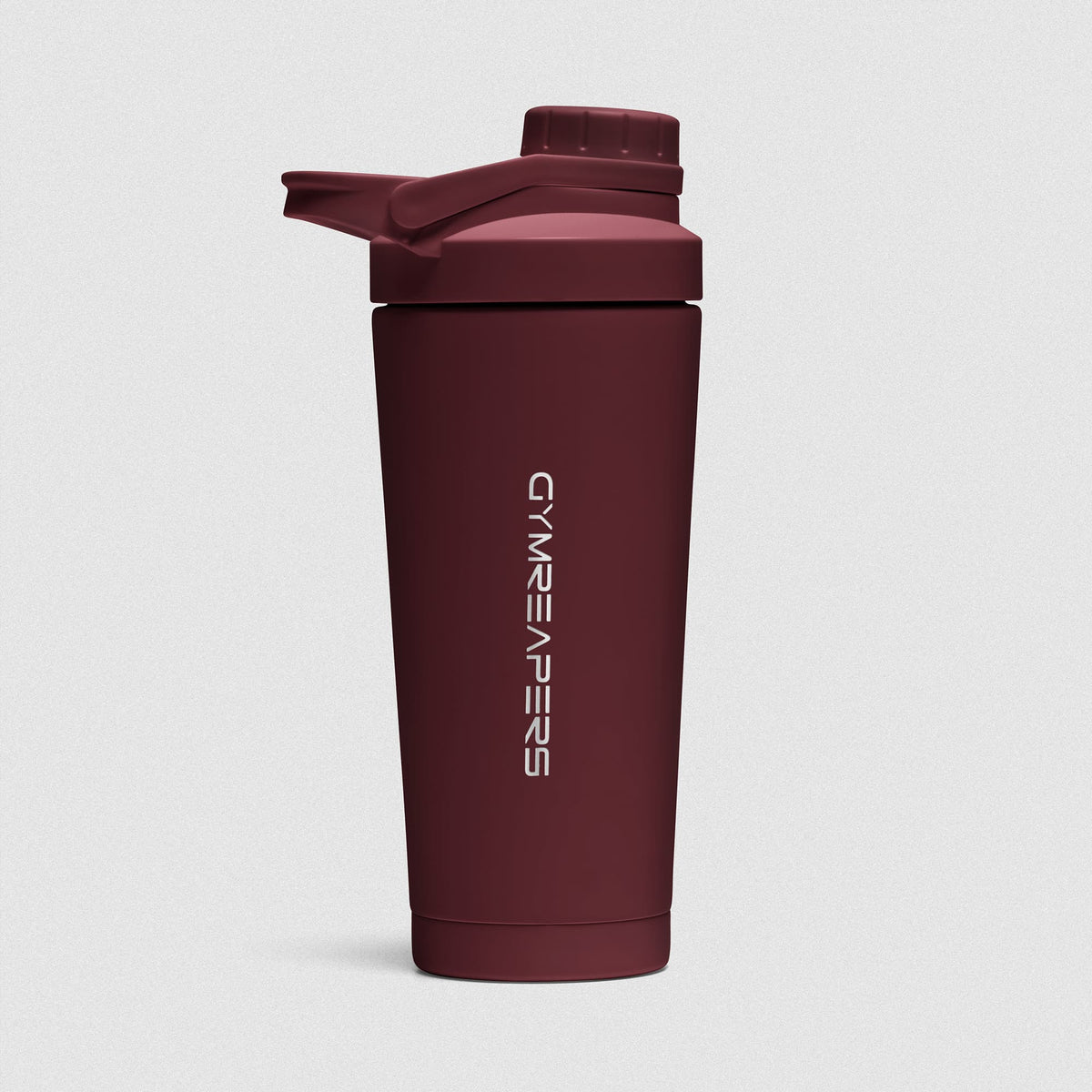 Burgundy red Stainless Steel Shaker on white background showcasing Gymreapers engraved wordmark logo