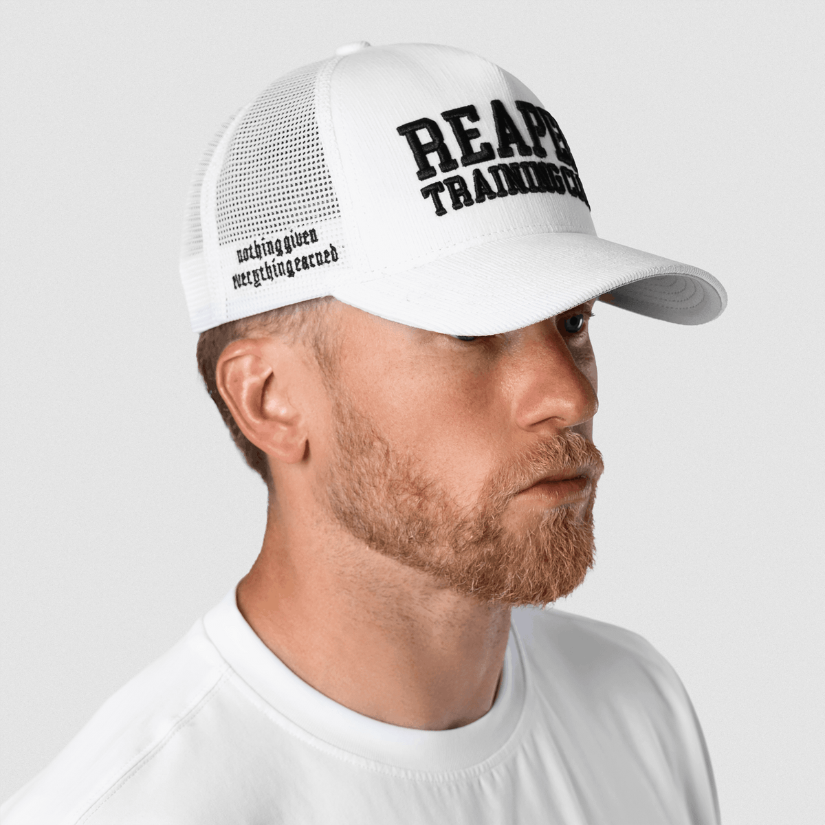 5-Panel Corduroy Reaper Training Club Hat in White/Black – On Model, Front View