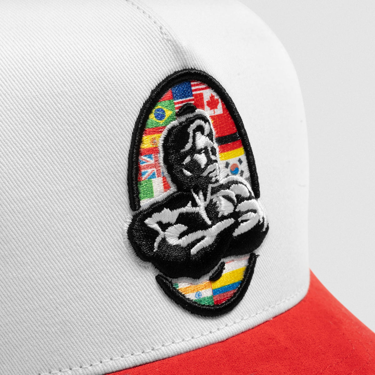 Close up of front logo of the International Division Suede 5-Panel Hat that has the international flag background of the Olympia logo