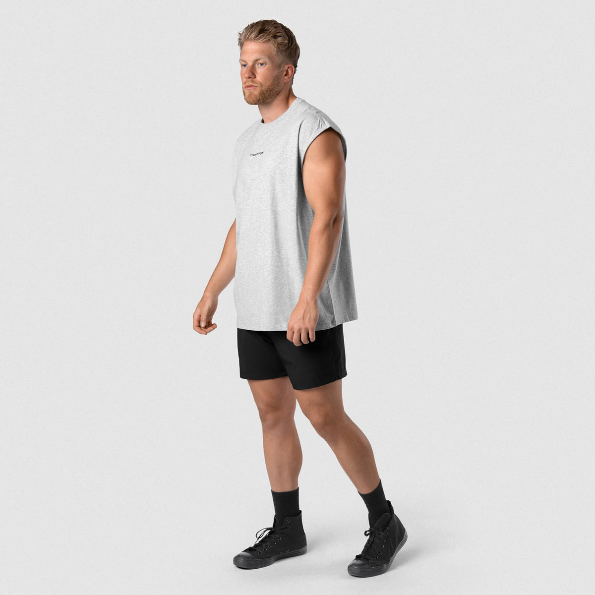 Man wearing Axis Cap Sleeve Tank - Heather Gray full-body walking view