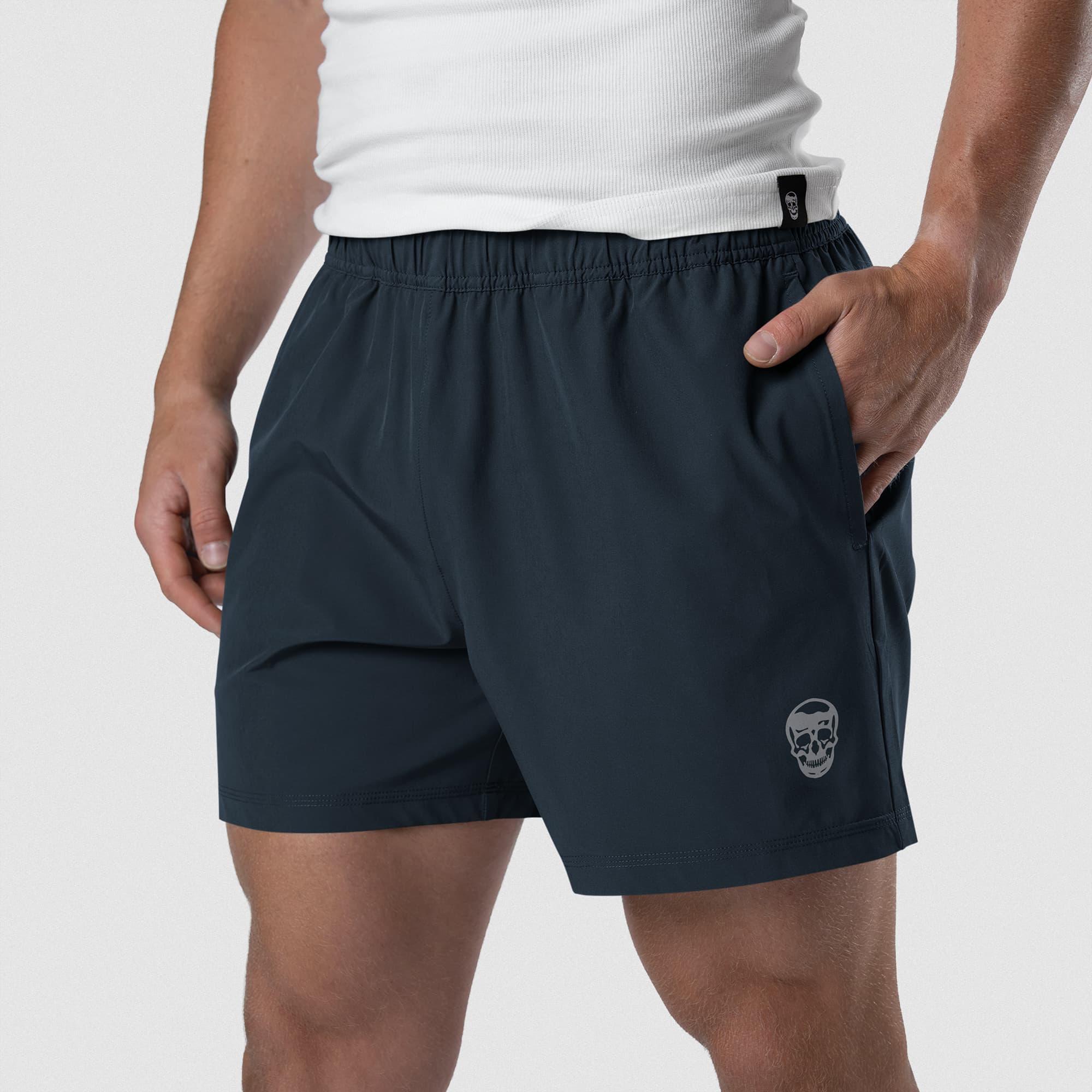 Front detail of Men's Conquer 5 Inch Shorts - Navy