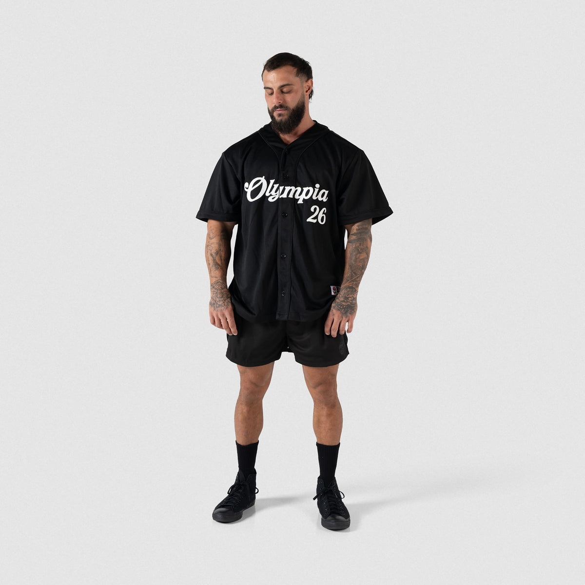 Olympia League Jersey | On body, full body front view on male model