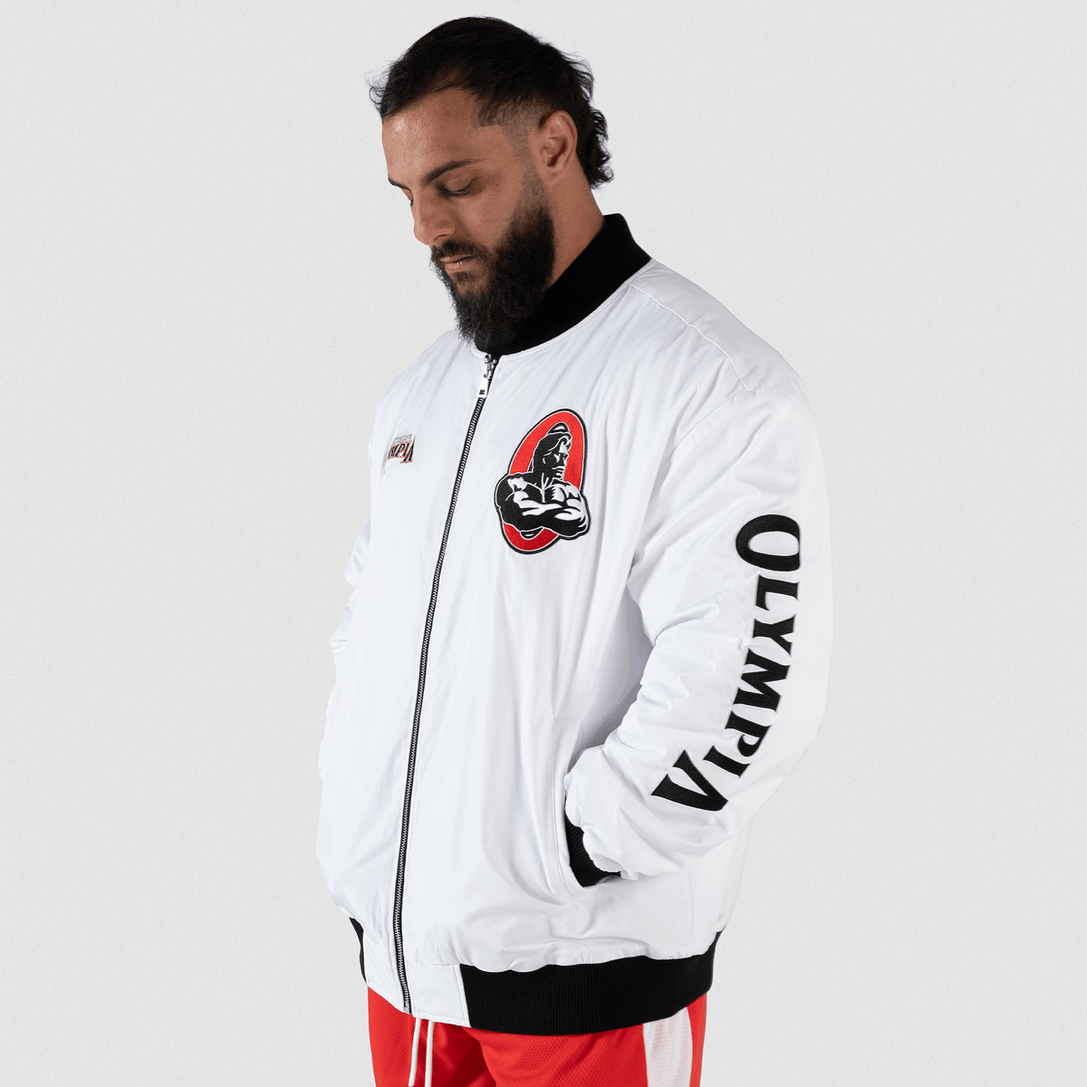 Olympia Signature Bomber Jacket in White – On Model, Front View
