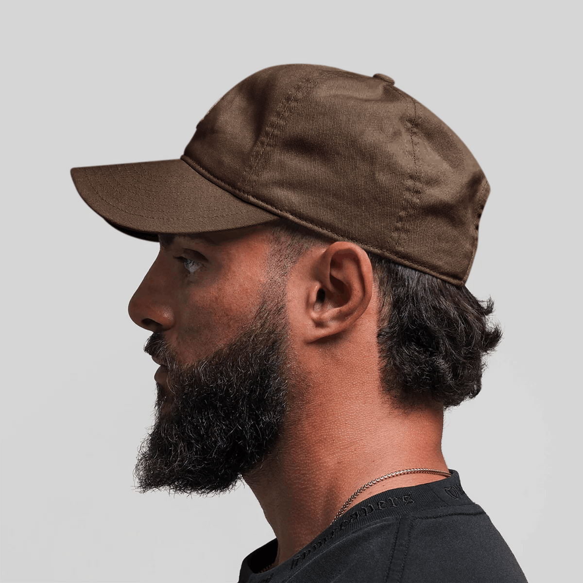 Washed 6-Panel Dad Hat in Brown – On Model, Side View