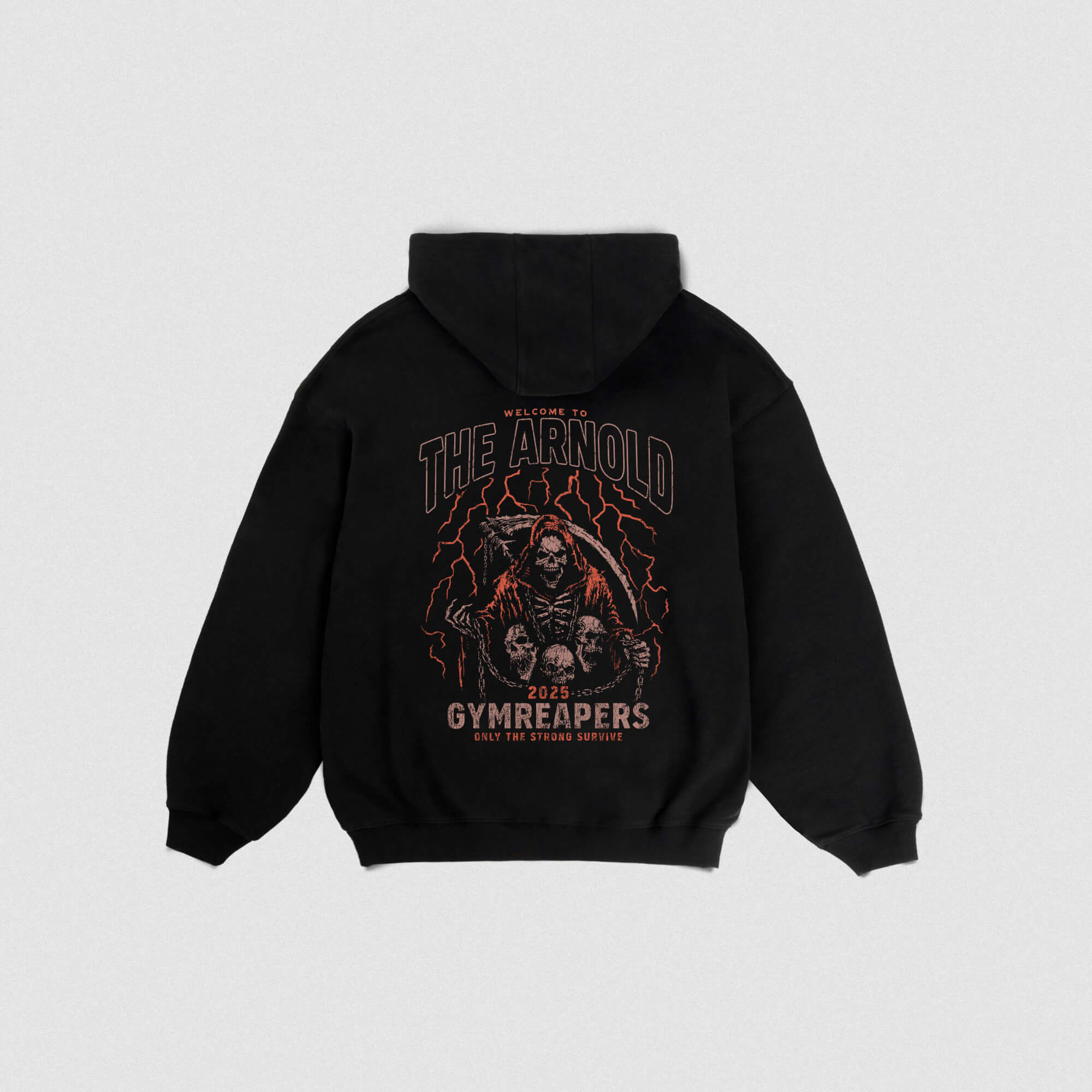 arnold only the strong hoodie back gray background