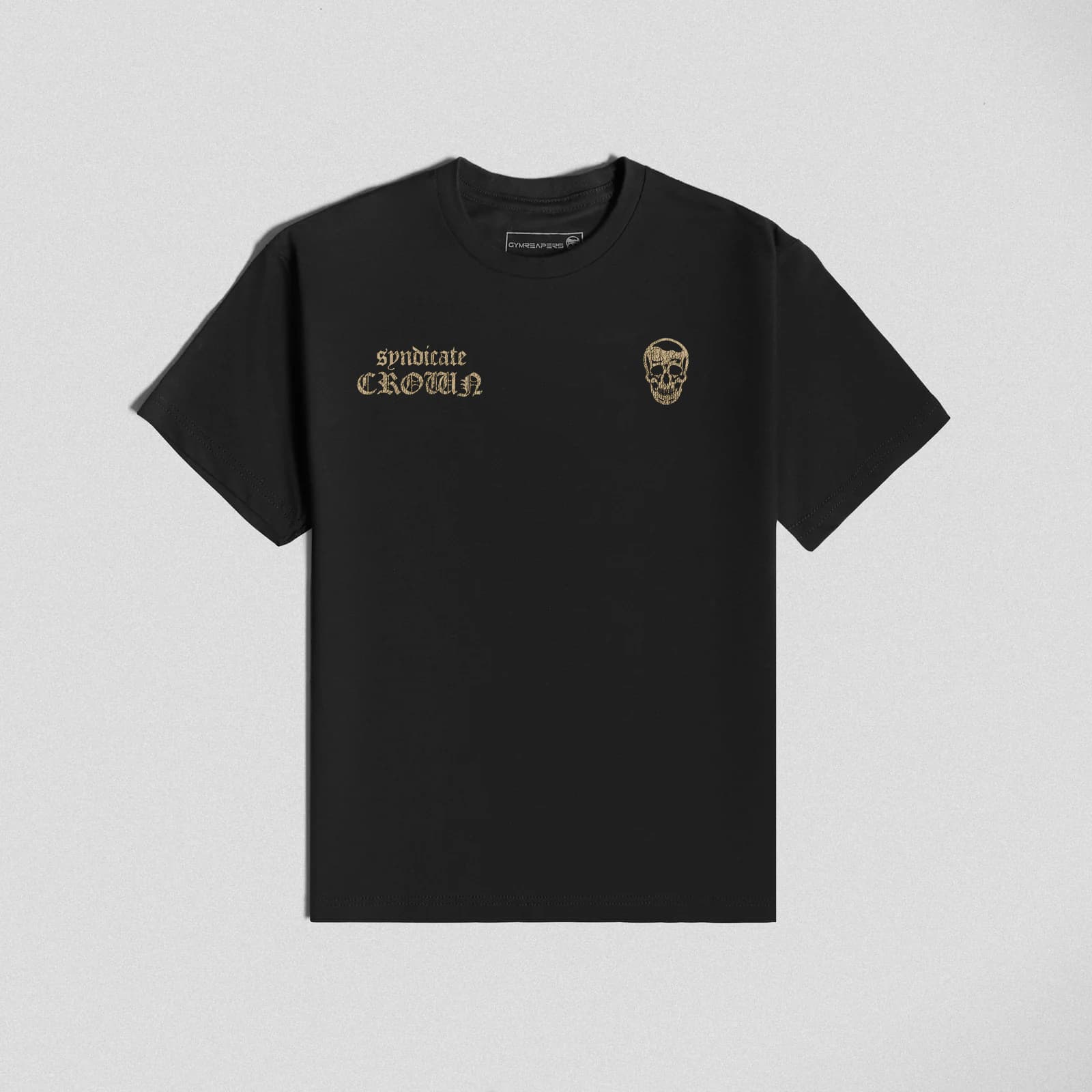 Front of Earn Your Crown Tee with gold skull logo and "Syndicate Crown" text on the chest.