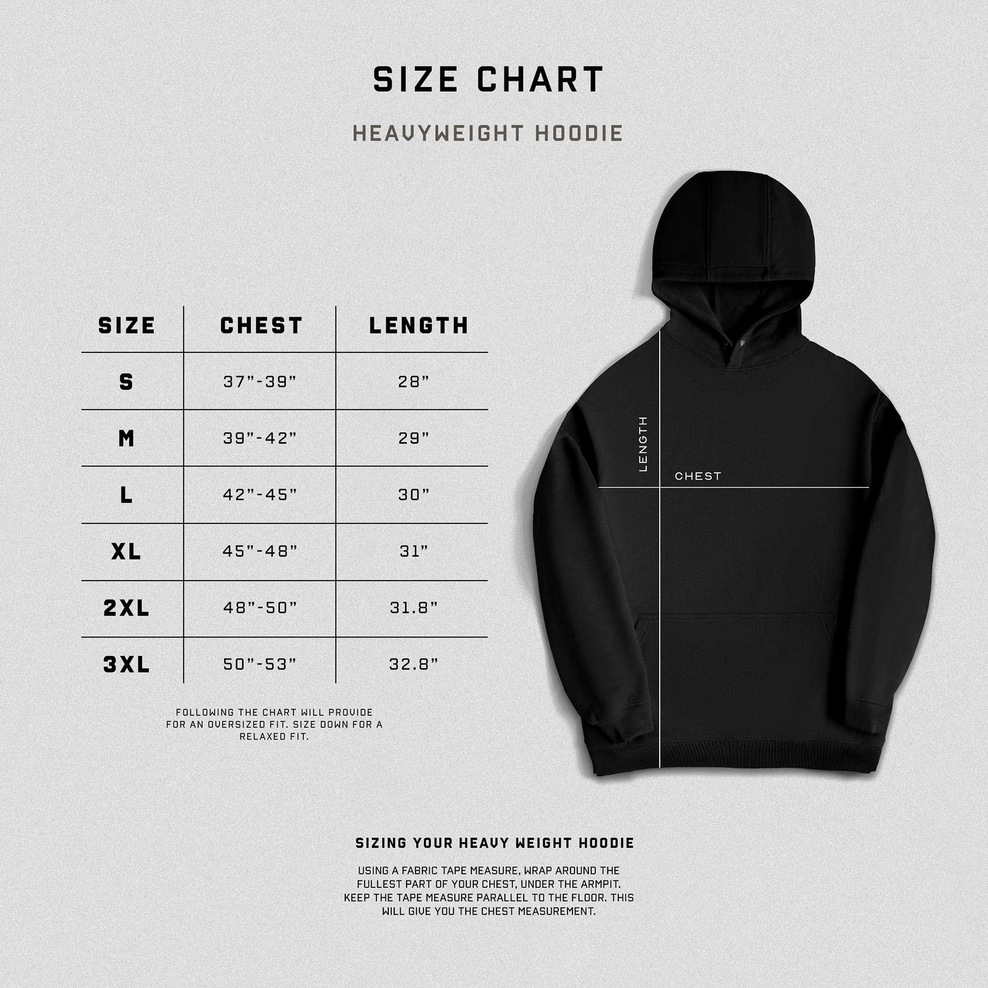 Heavyweight hoodie size chart