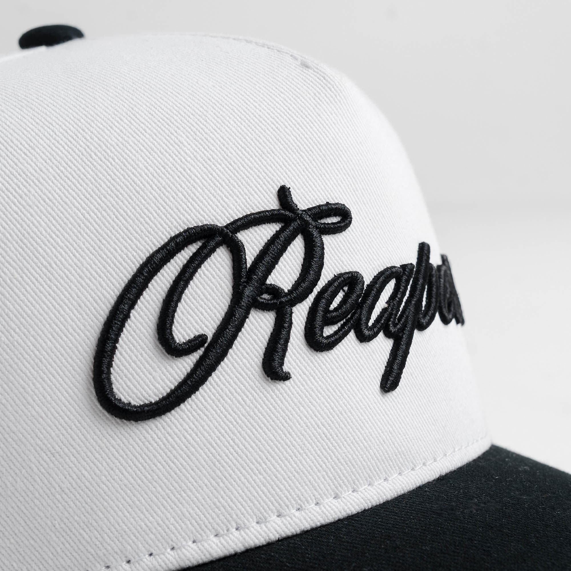 Reapers 5-Panel Cotton Hat - White/Black close up shot of logo
