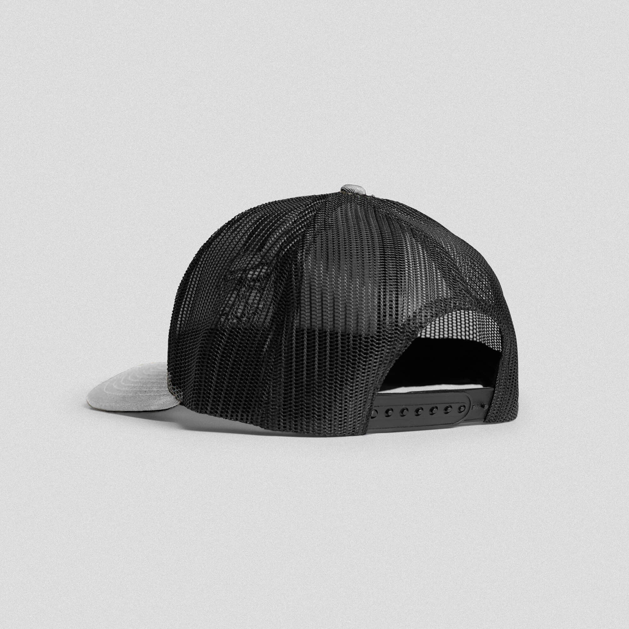 Back view of Gymreapers slate trucker hat highlighting mesh and snapback