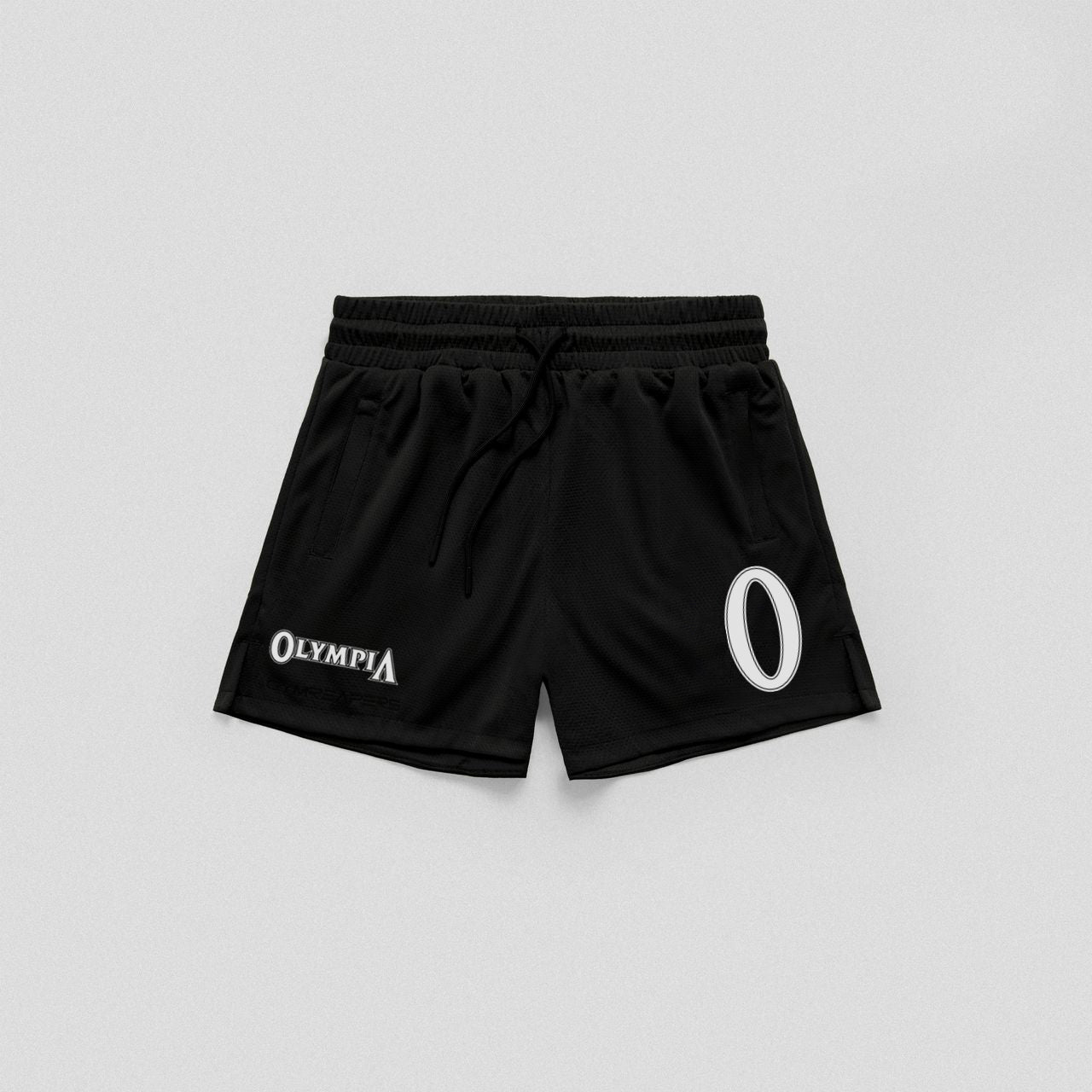 Front view of black Olympia O Mesh Shorts with drawstring waistband and logos.