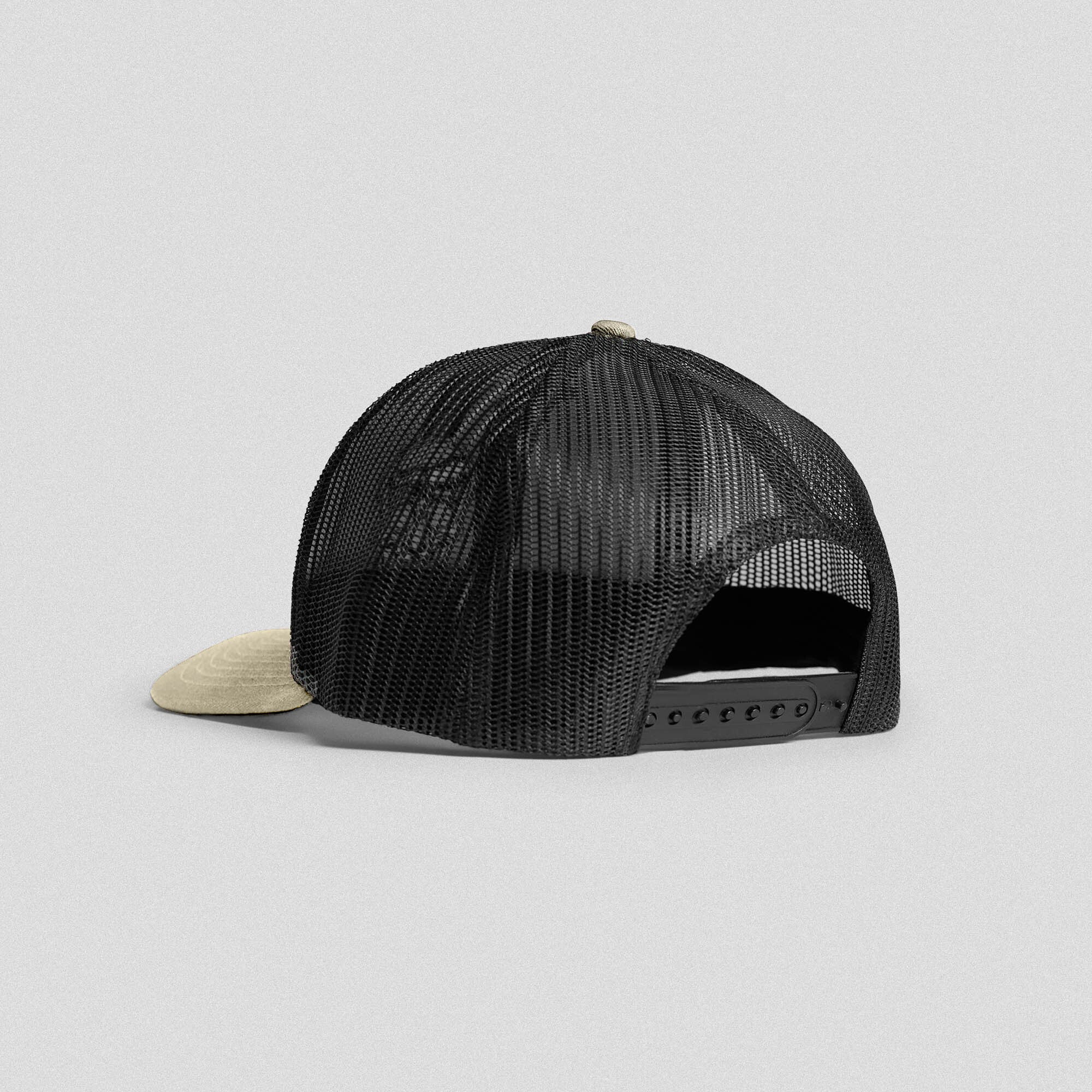 Back view of Gymreapers sandstone trucker hat highlighting mesh and snapback
