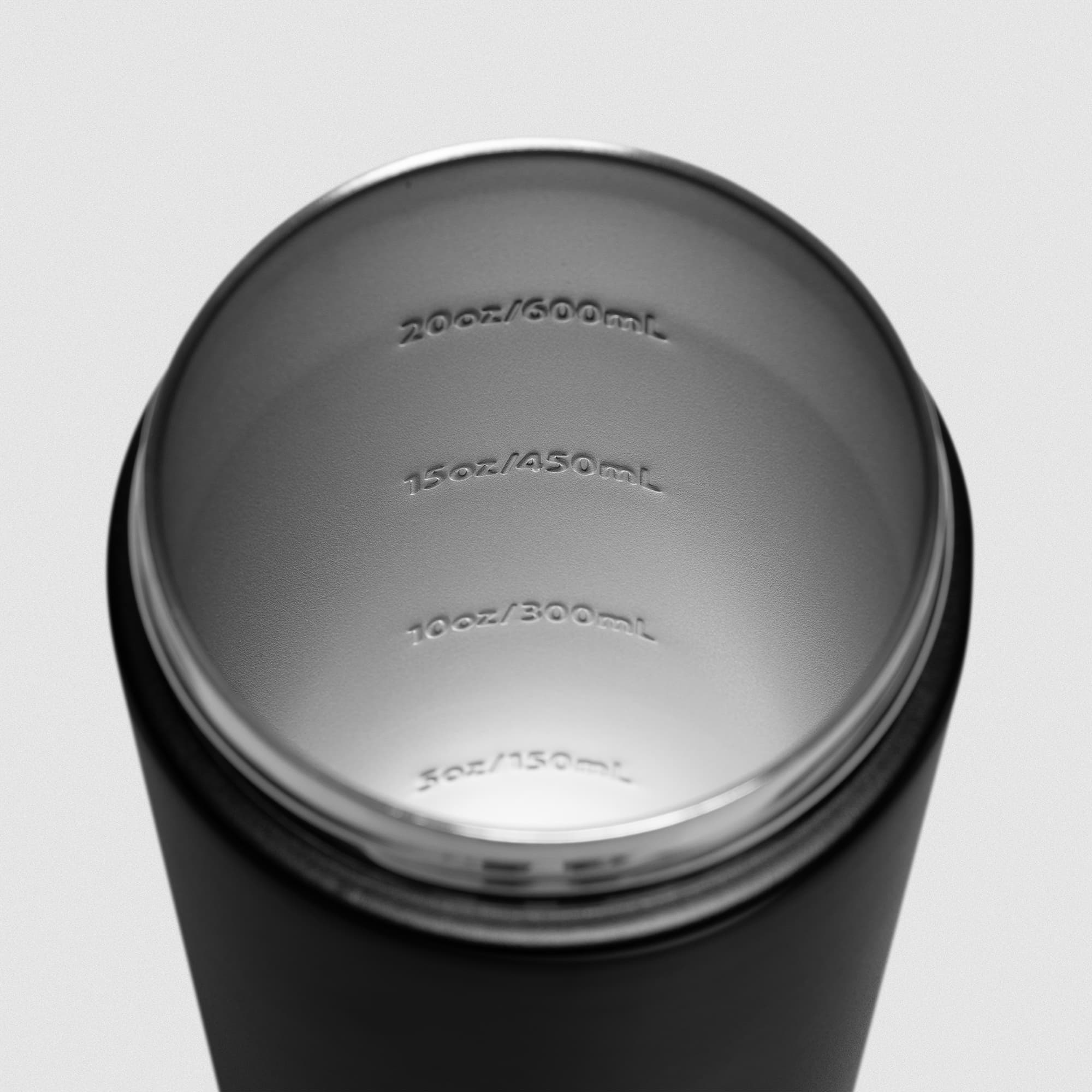 Black Stainless Steel Shaker studio shot showcasing the inside of the bottle with measurement lines