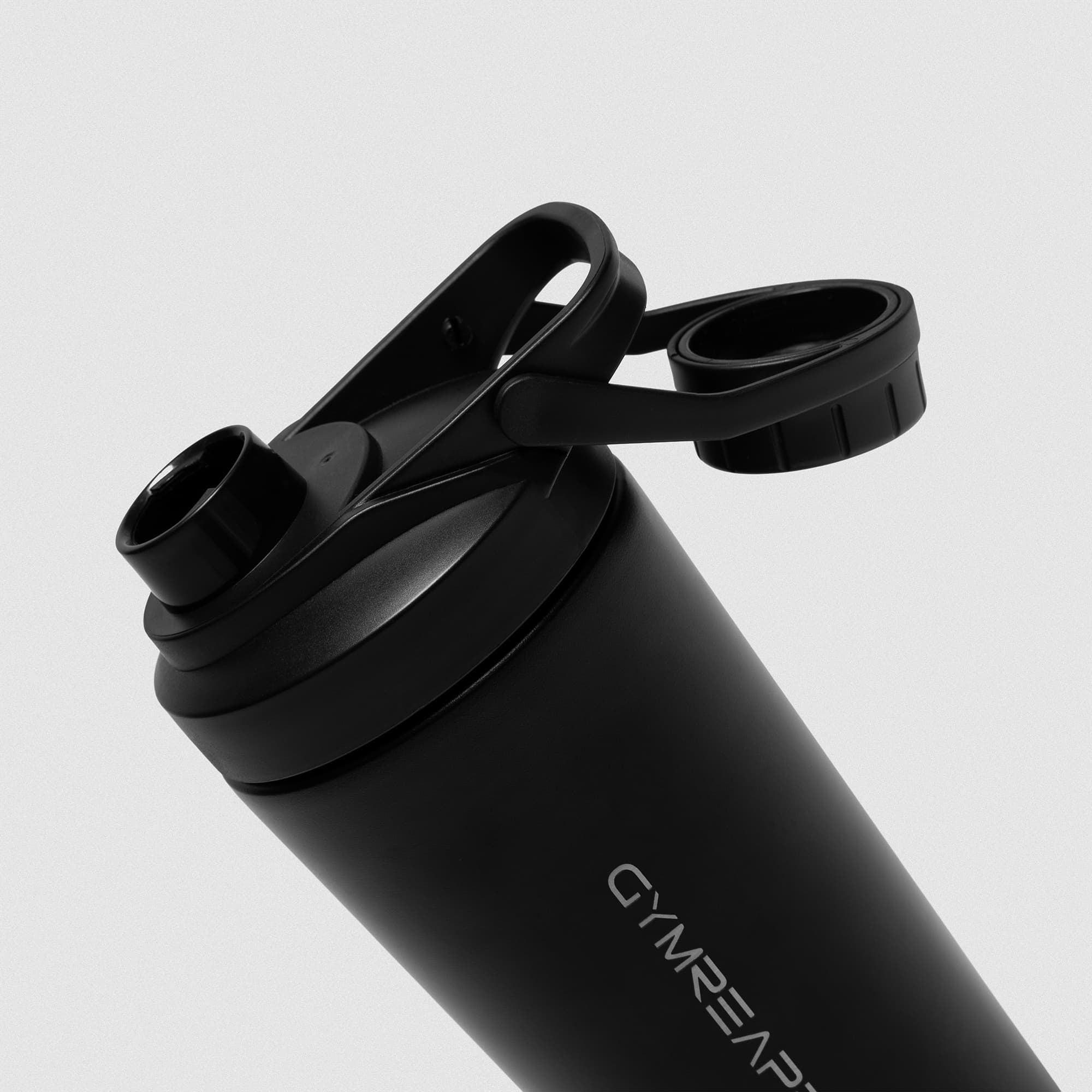 Black Stainless Steel Shaker studio shot showcasing bottle lid and flip spout