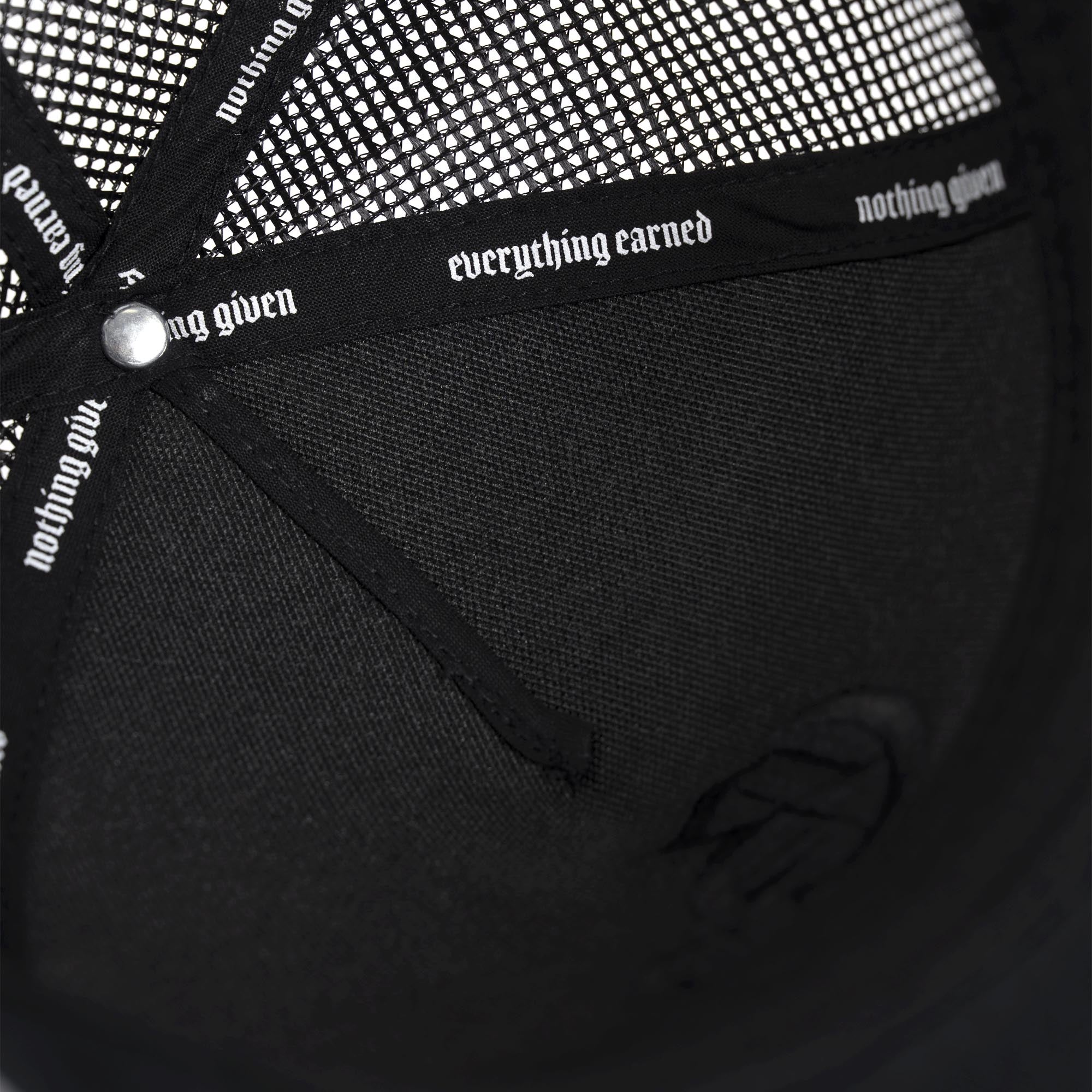 Black/Black 5-Panel Initial Trucker Hat inside detail shot