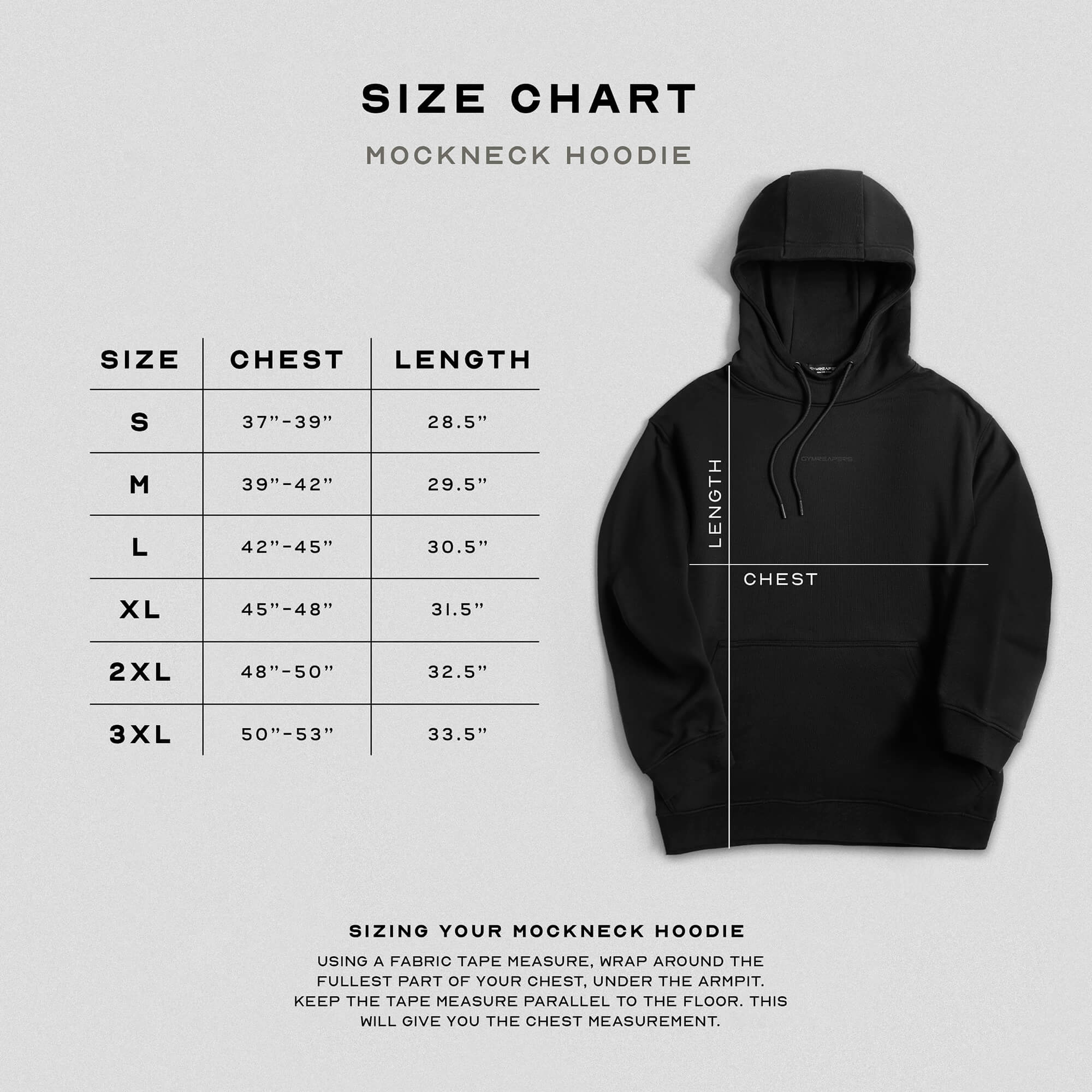 ascend mockneck hoodie black size guide