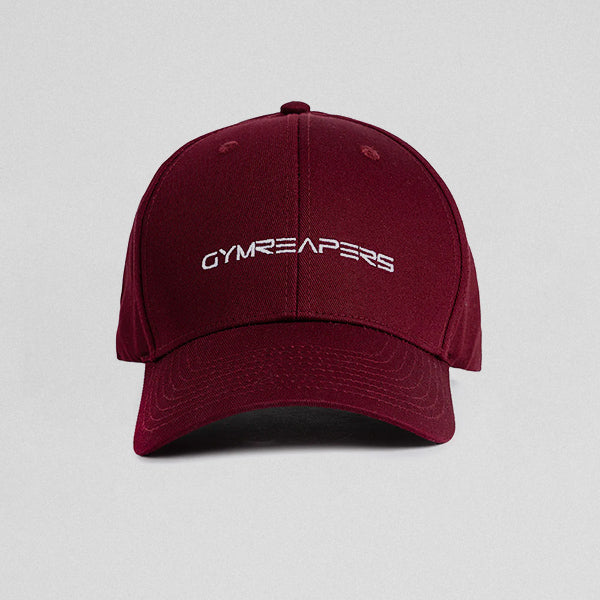 Gymreapers baseball hat in the Maroon color way front facing.