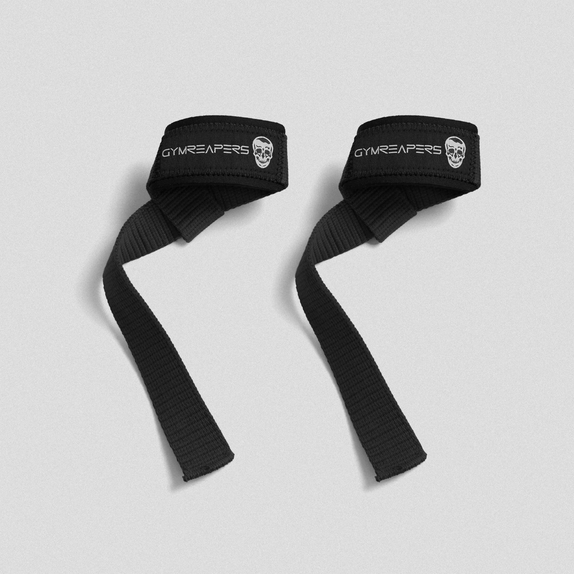 premium padded Gymreapers lifting straps black white on gray background.