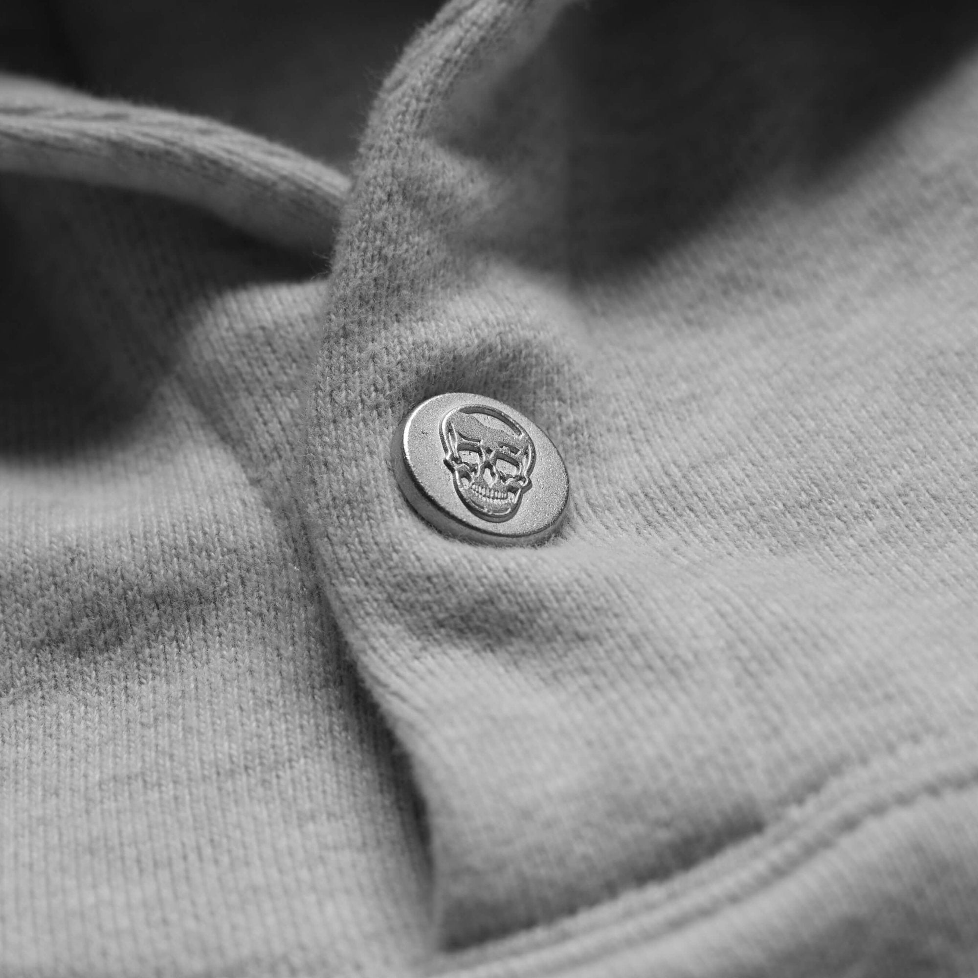 heavy weight hoodie heather gray button up skull detail