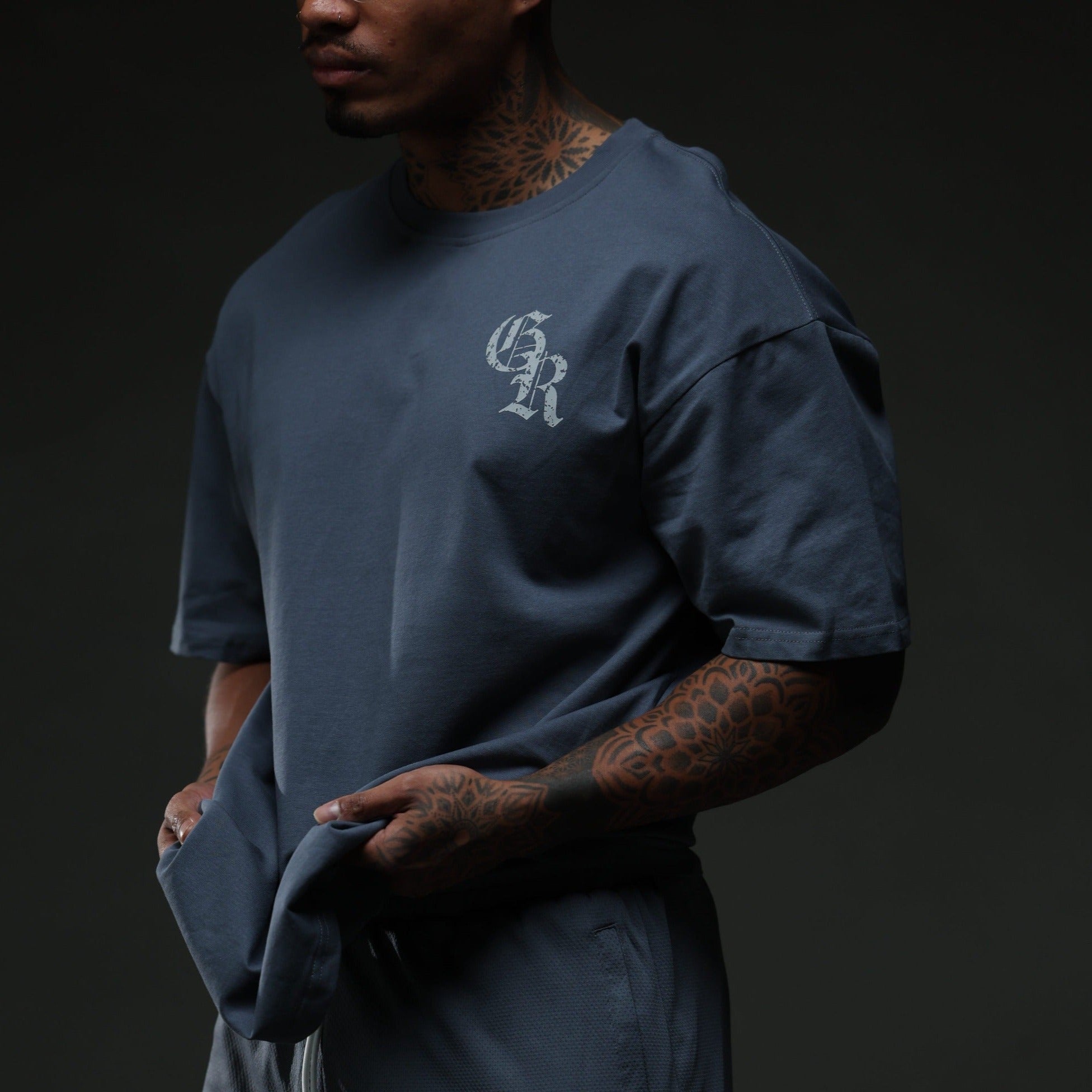 initial shirt faded blue studio lifestyle shot