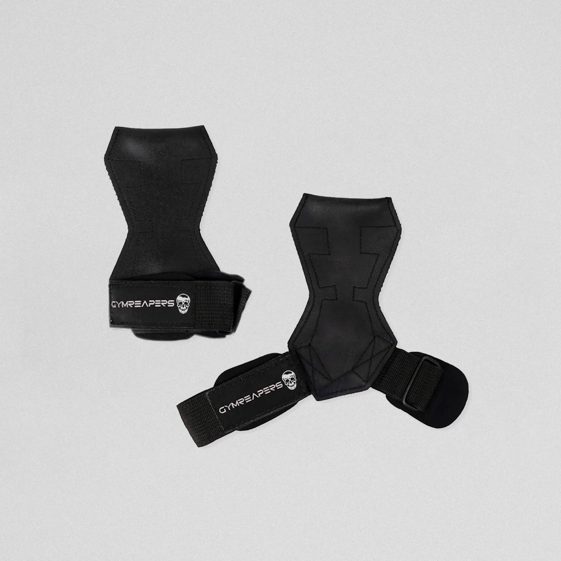 Gymreapers lifting grips black one strap closed and the other laying flat and open.